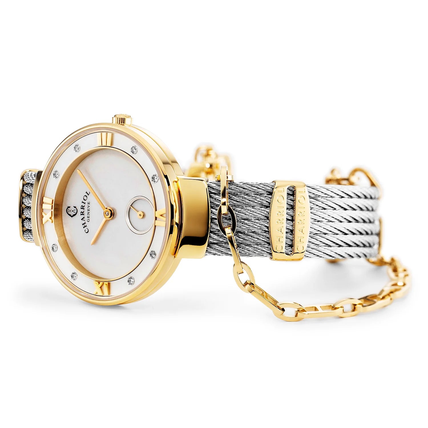 ST TROPEZ30MM, クォーツキャリバー, 真珠母貝ダイアル, 真珠母貝と8個のダイヤモンドベゼル, ブレスレット スチール -Charriol ジュネーブ - 時計