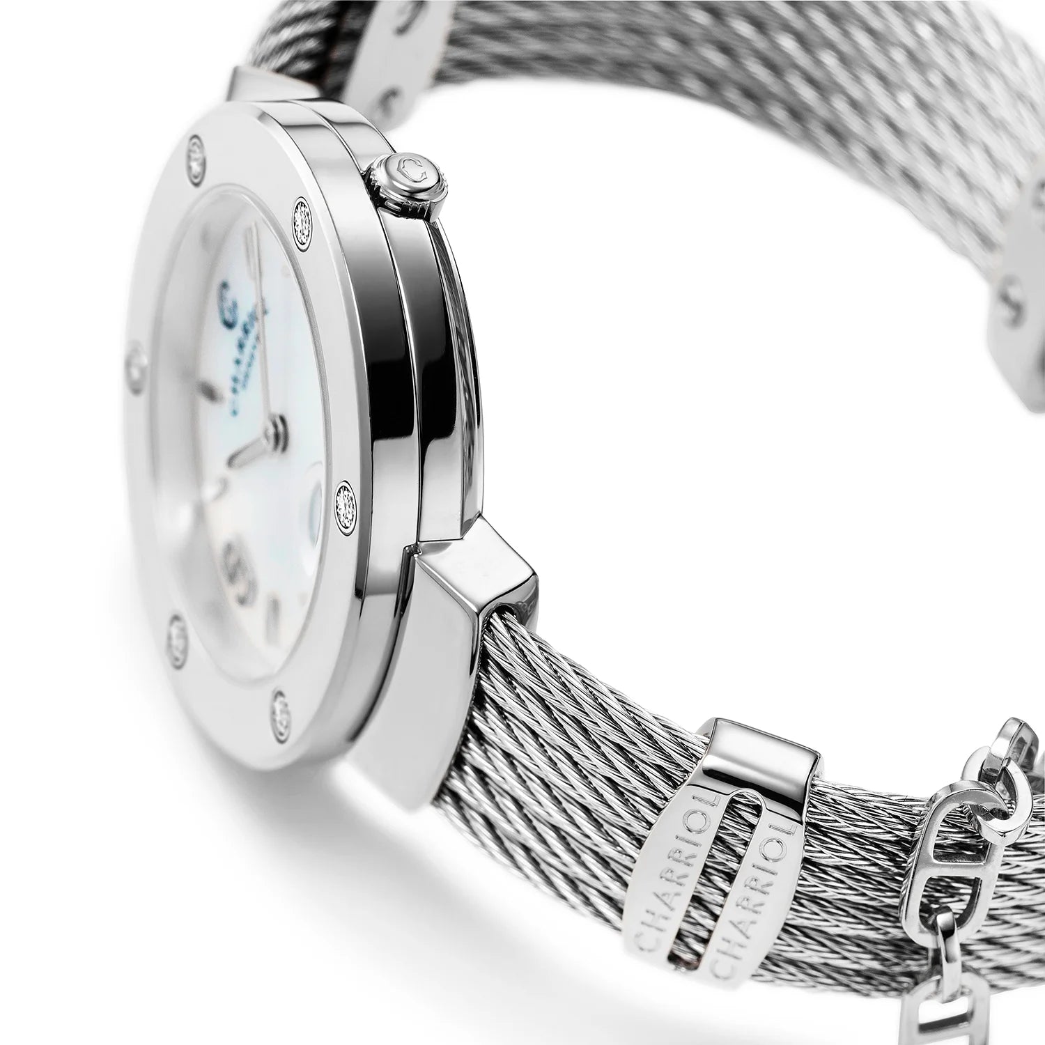 ST TROPEZ, 30MM, QUARTZ CALIBRE, MOTHER-OF-PEARL DIAL, STEEL WITH 6 DIAMONDS BEZEL, STEEL CABLE BRACELET - Charriol Geneve - Watch