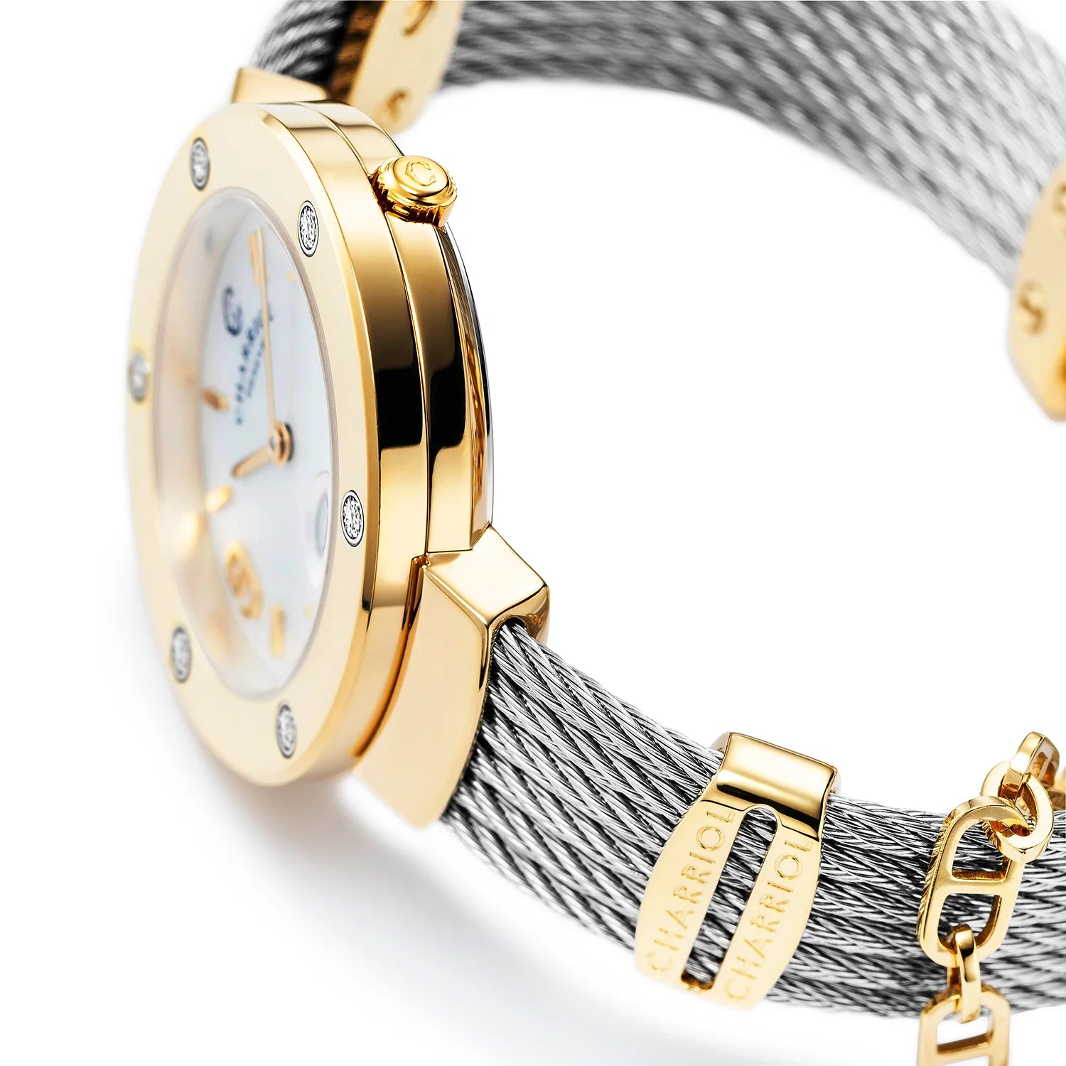 ST TROPEZ, 30MM, QUARTZ CALIBRE, MOTHER-OF-PEARL DIAL, YELLOW GOLD PVD WITH 6 DIAMONDS BEZEL, STEEL CABLE BRACELET - Charriol Geneve - Watch