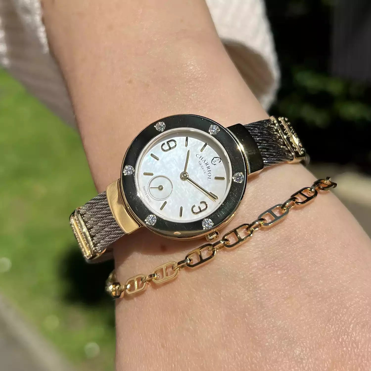 ST TROPEZ, 30MM, QUARTZ CALIBRE, MOTHER-OF-PEARL DIAL, YELLOW GOLD PVD WITH 6 DIAMONDS BEZEL, STEEL CABLE BRACELET - Charriol Geneve - Watch