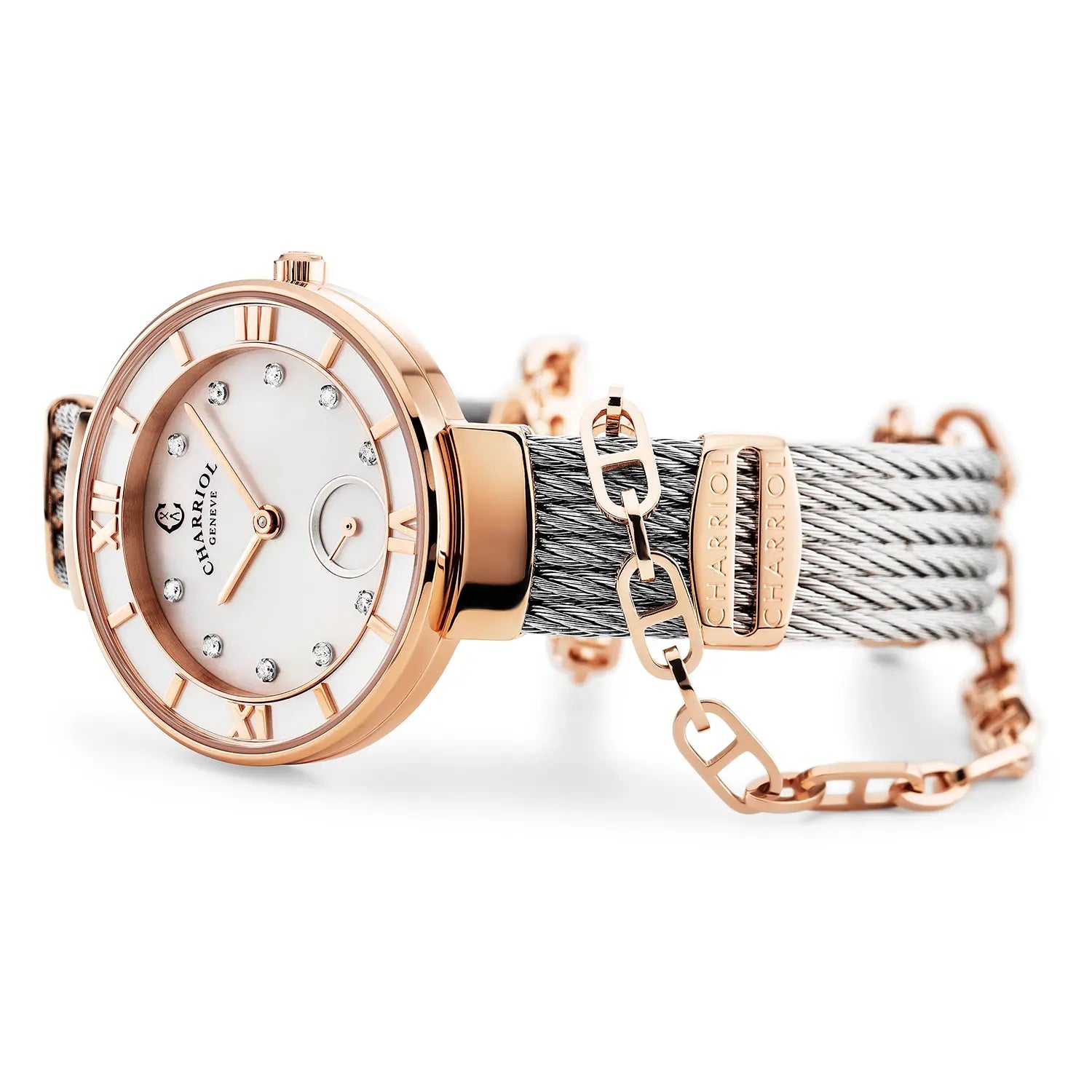ST TROPEZ30MM、クォーツキャリバー、マザーオブパール 10ダイヤル、マザーオブパールベゼル、スティール製ケーブルブレスレット -Charriol ジュネーブ - 時計