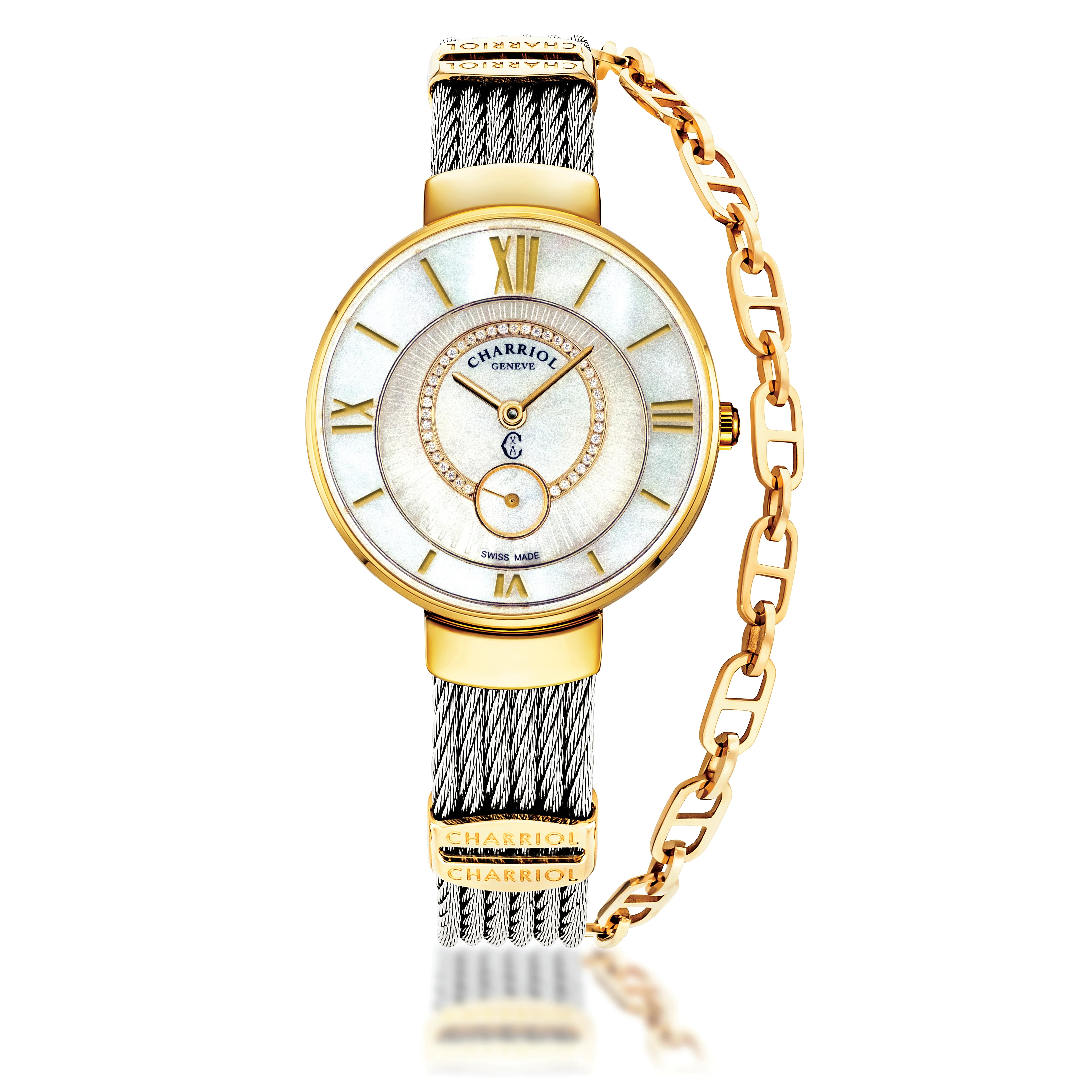 ST-TROPEZ® ECLIPSE, 30MM, STEEL YELLOW GOLD PVD BEZEL, WHITE MOTHER-OF-PEARL WITH 41 DIAMONDS & ROMAN NUMERAL DIAL, STEEL CABLE WITH YELLOW GOLD PVD DECORS BRACELET - ©2025 Philippe Charriol International Ltd. - Watch