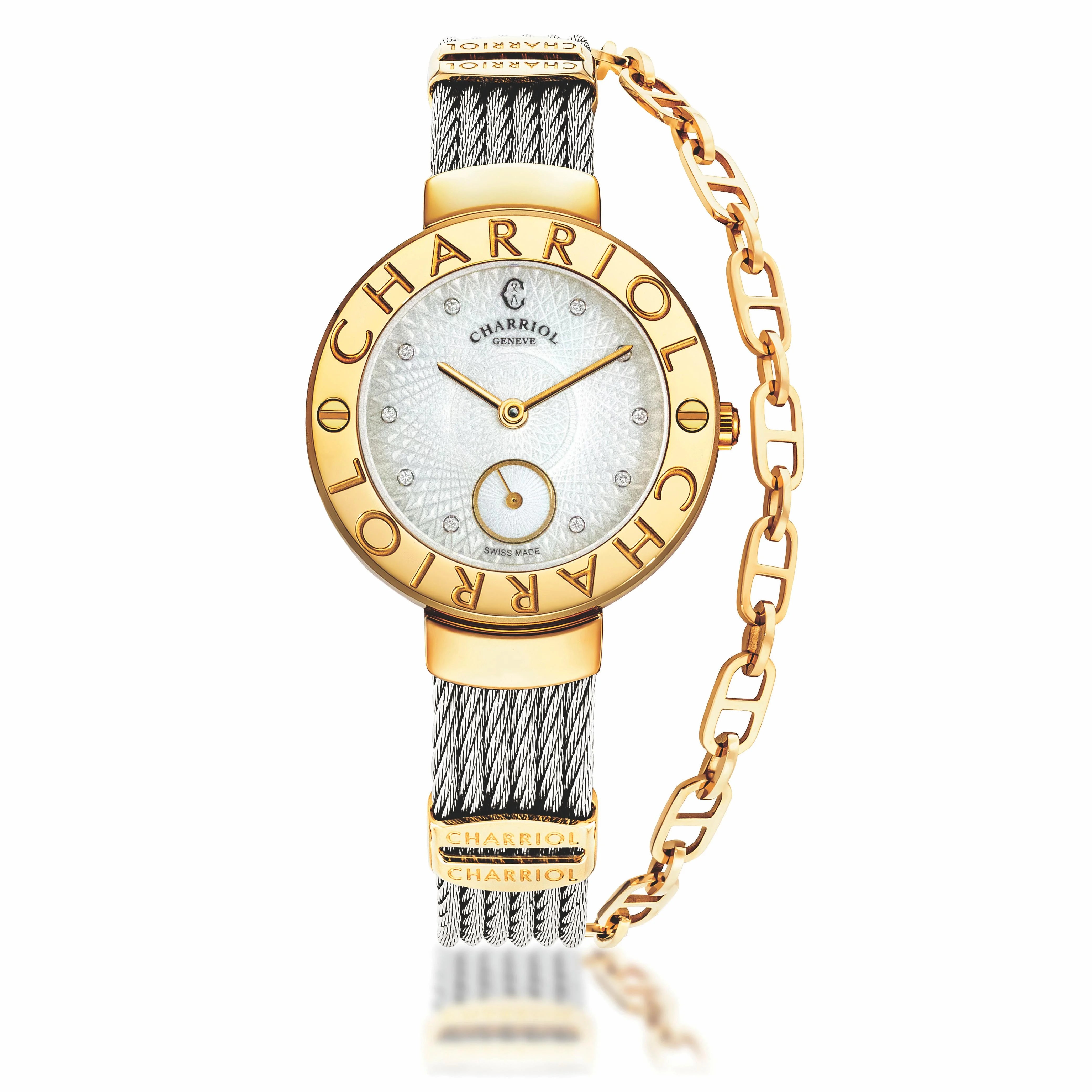 ST-TROPEZ® GUILLOCHE, 30MM, STEEL YELLOW GOLD PVD BEZEL, WHITE GUILLOCHE MOTHER-OF-PEARL WITH 10 DIAMONDS DIAL, STEEL CABLE WITH YELLOW GOLD PVD DECORS BRACELET - ©2025 Philippe Charriol International Ltd. - Watch