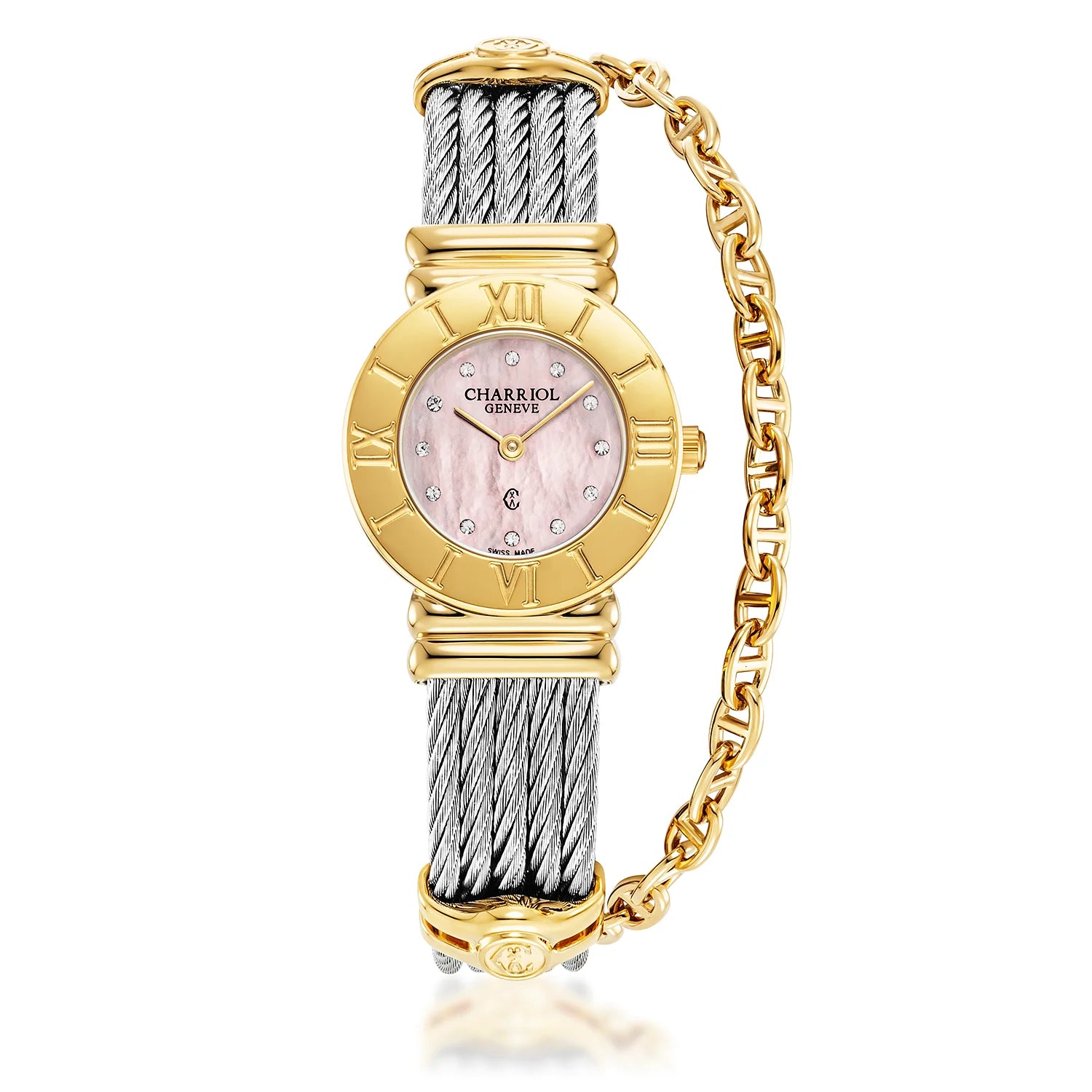 St Tropez Icon 24.5mm Watch Yellow Gold, Steel Cable, Roman Number Bezel and 12 Diamonds Pink MOP Dial - Charriol Geneve - Watch