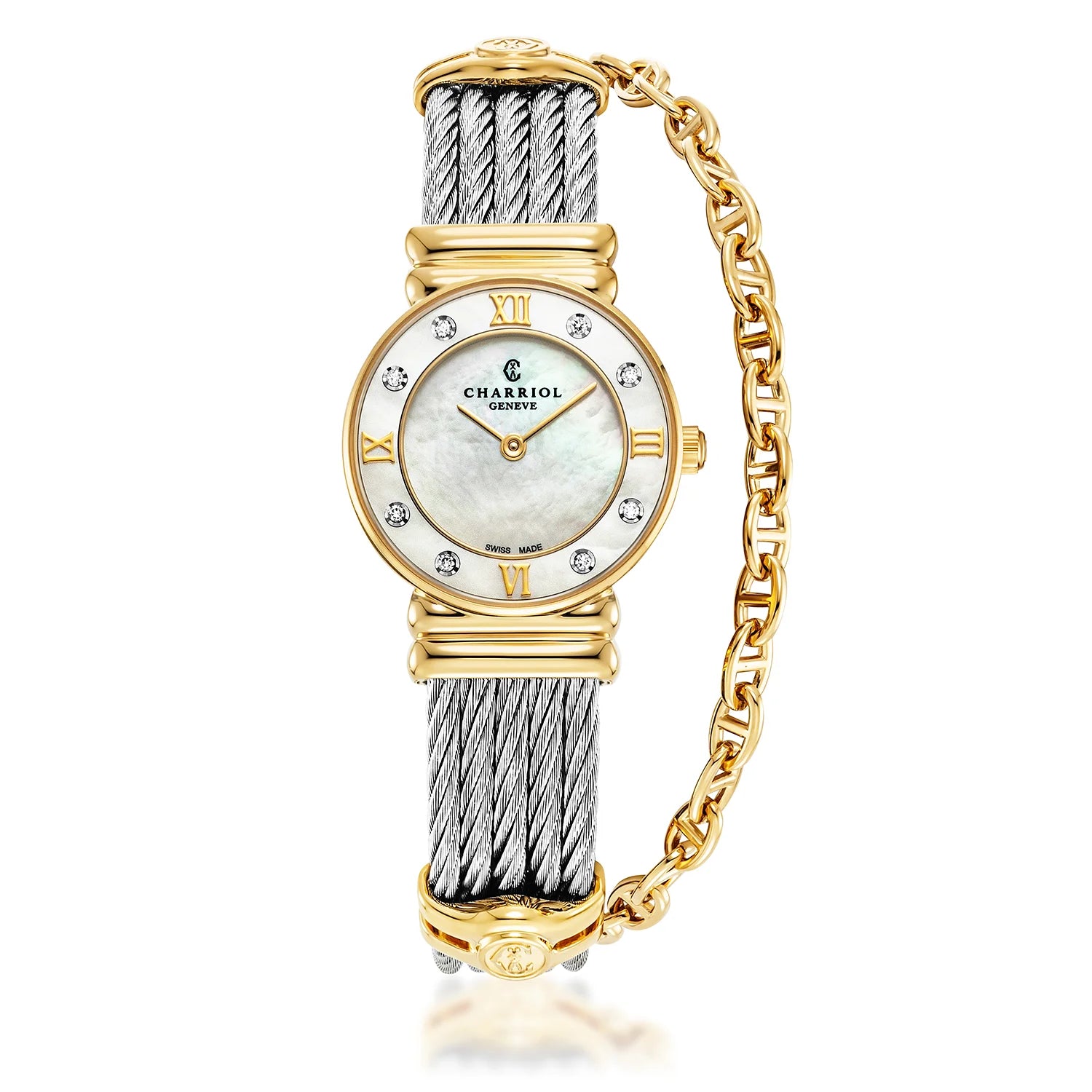 St Tropez Icon 24.5mm Watch Yellow Gold PVD, Steel Cable, 8 Diamonds Bezel and White MOP Dial - Charriol Geneve - Watch
