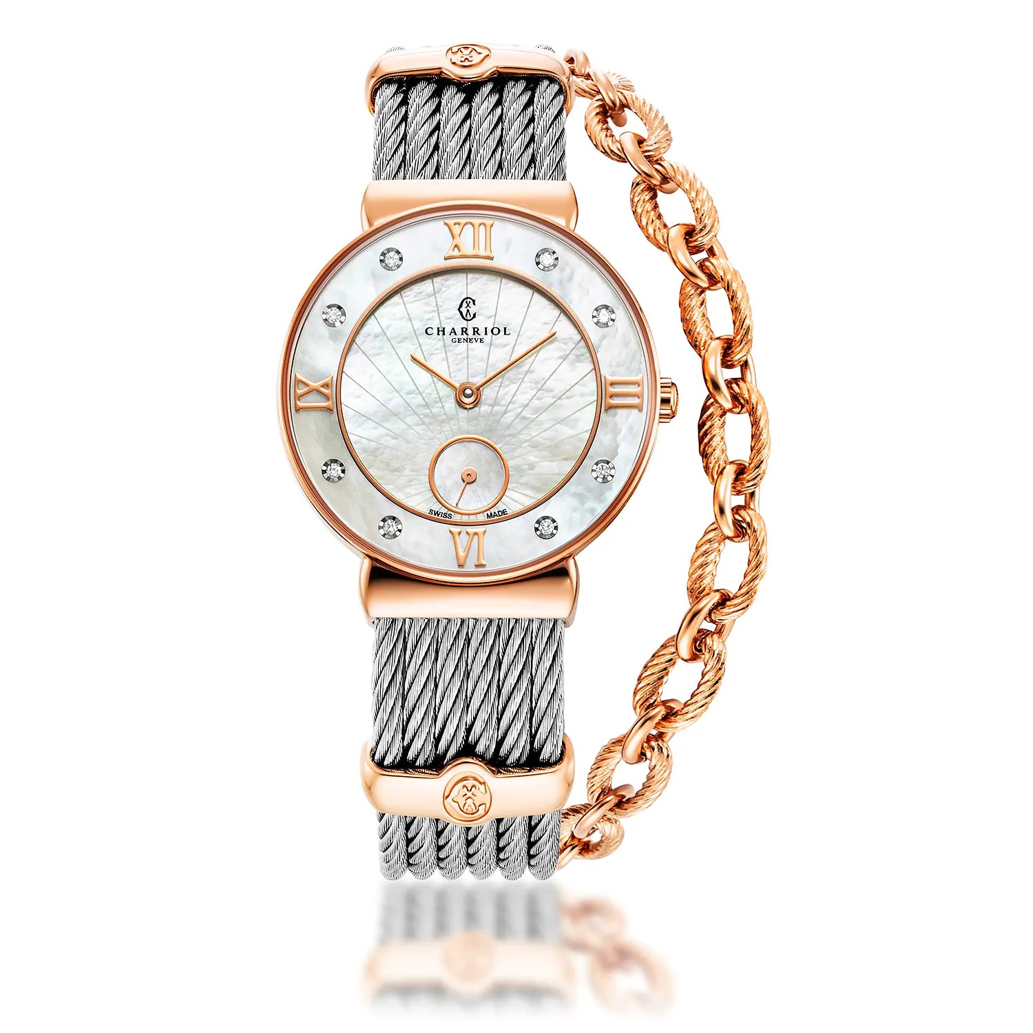 ST TROPEZ ICON, 30MM, QUARTZ CALIBRE, MOTHER-OF-PEARL SUNSHINE DIAL, MOTHER-OF-PEARL WITH 8 DIAMONDS BEZEL, STEEL CABLE BRACELET - Charriol Geneve - Watch
