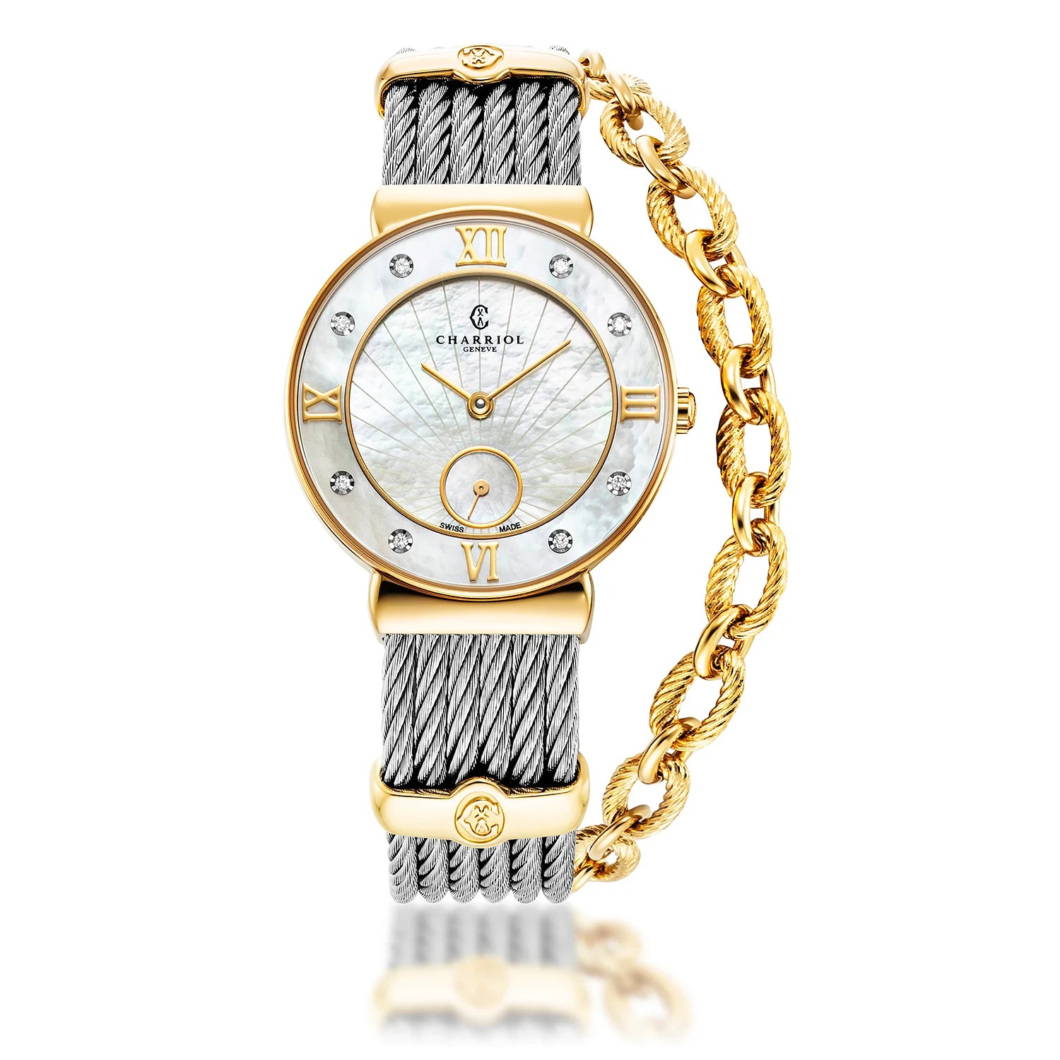 ST TROPEZ ICON, 30MM, QUARTZ CALIBRE, MOTHER-OF-PEARL SUNSHINE DIAL, MOTHER-OF-PEARL WITH 8 DIAMONDS BEZEL, STEEL CABLE BRACELET - Charriol Geneve - Watch