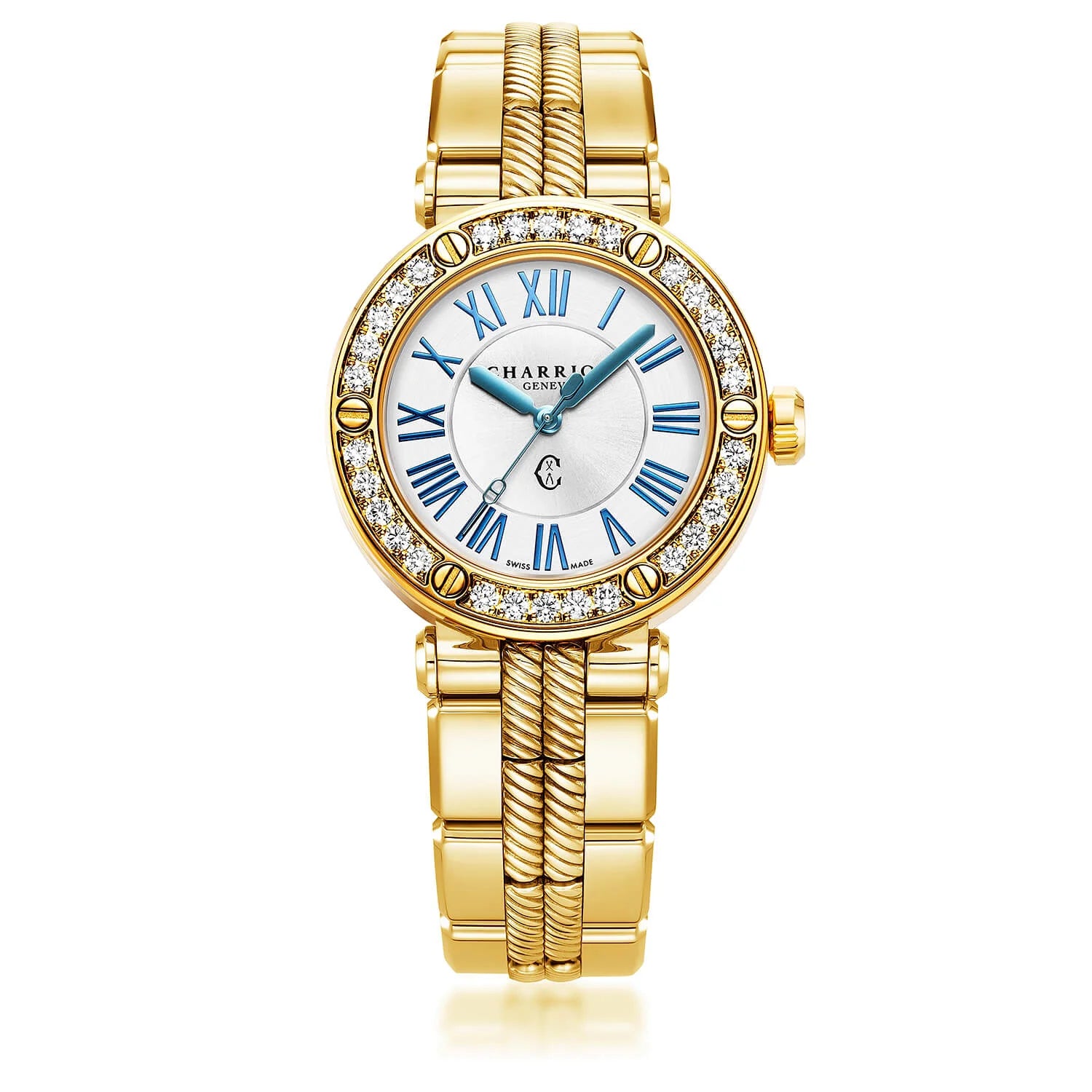 NAVIGATOR CRUISE, 36MM, QUARTZ CALIBRE, WHITE MOTHER-OF-PEARL WITH 12 ROMAN FIGURES DIAL, STEEL YELLOW GOLD PVD WITH 30 DIAMONDS & 6 SCREWS BEZEL, METAL YELLOW GOLD PVD INTERCHANGEABLE BRACELET - © 2024 Charriol - Watch