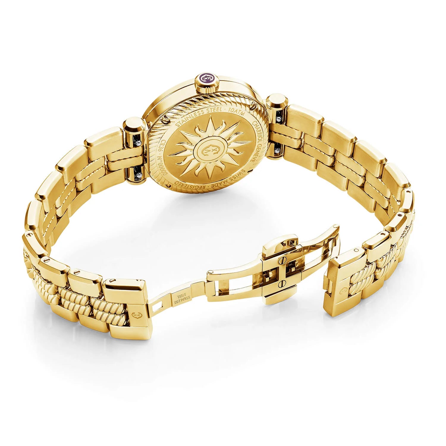 NAVIGATOR CRUISE, 36MM, QUARTZ CALIBRE, WHITE MOTHER-OF-PEARL WITH 12 ROMAN FIGURES DIAL, STEEL YELLOW GOLD PVD WITH 30 DIAMONDS & 6 SCREWS BEZEL, METAL YELLOW GOLD PVD INTERCHANGEABLE BRACELET - © 2024 Charriol - Watch