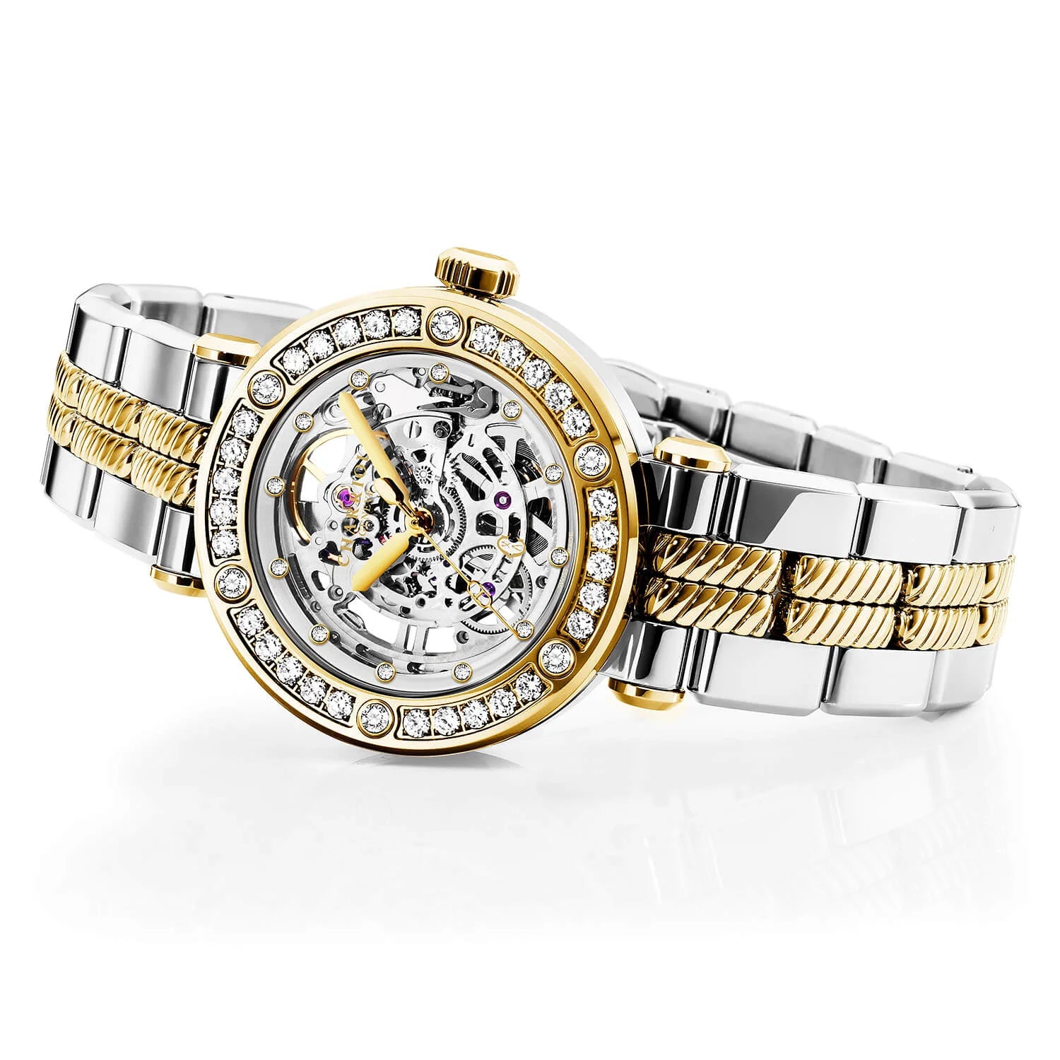 NAVIGATOR CRUISE、36MM、CHARRIOL SKELETON オートマティック キャリバー、12個のダイヤモンドを配したクリスタル インデックス インナーリング ダイアル、30個のフルカットダイヤモンドと6個のダイヤモンドのベゼル、バイカラー メタルブレスレット - © 2024Charriol - 時計