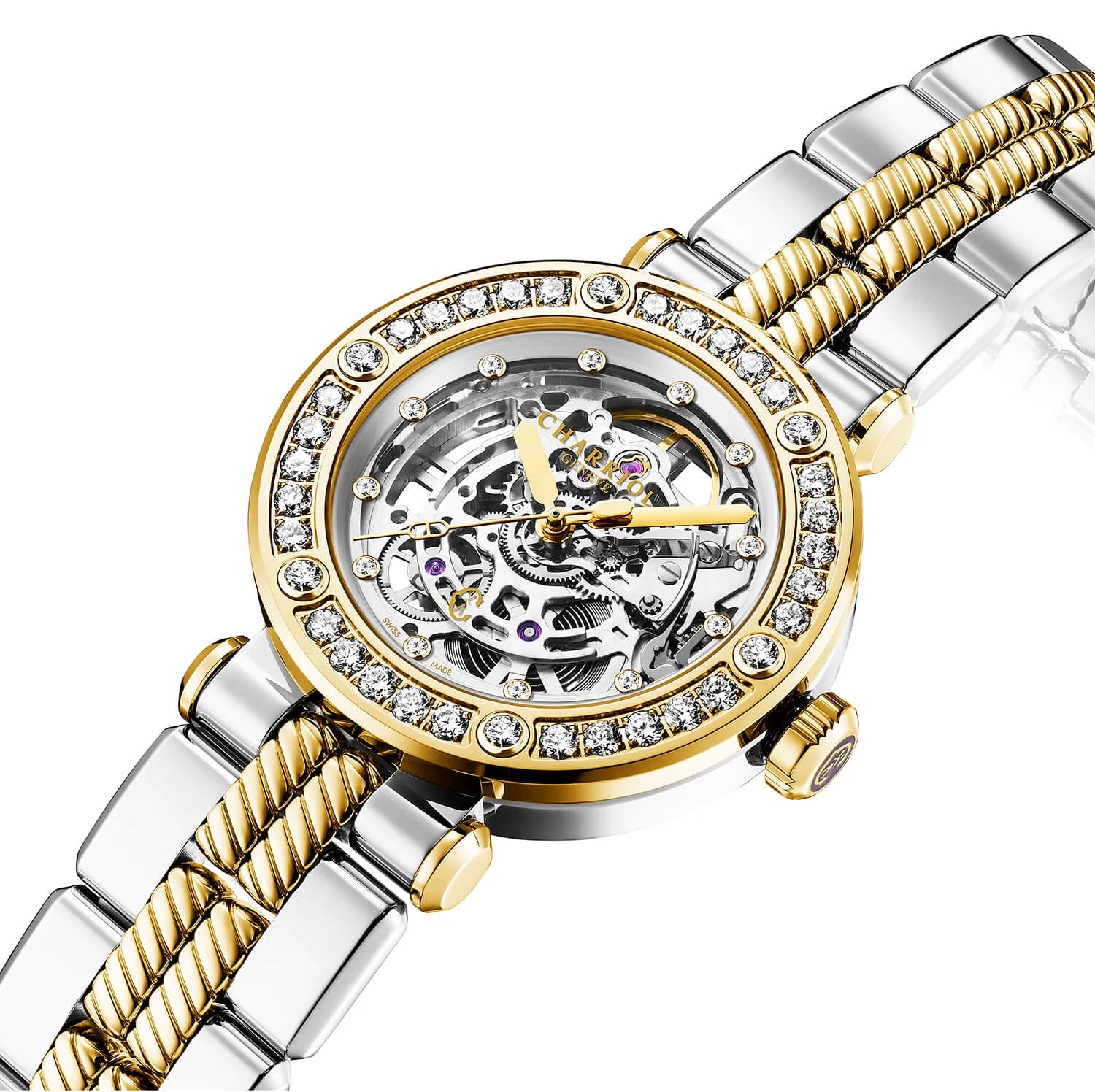 NAVIGATOR CRUISE、36MM、CHARRIOL SKELETON オートマティック キャリバー、12個のダイヤモンドを配したクリスタル インデックス インナーリング ダイアル、30個のフルカットダイヤモンドと6個のダイヤモンドのベゼル、バイカラー メタルブレスレット - © 2024Charriol - 時計