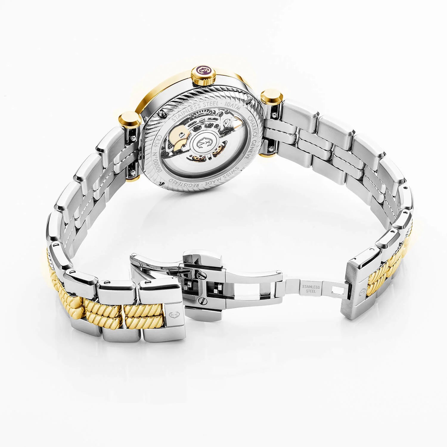 NAVIGATOR CRUISE、36MM、CHARRIOL SKELETON オートマティック キャリバー、12個のダイヤモンドを配したクリスタル インデックス インナーリング ダイアル、30個のフルカットダイヤモンドと6個のダイヤモンドのベゼル、バイカラー メタルブレスレット - © 2024Charriol - 時計