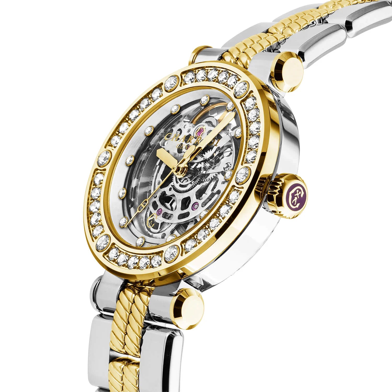 NAVIGATOR CRUISE、36MM、CHARRIOL SKELETON オートマティック キャリバー、12個のダイヤモンドを配したクリスタル インデックス インナーリング ダイアル、30個のフルカットダイヤモンドと6個のダイヤモンドのベゼル、バイカラー メタルブレスレット - © 2024Charriol - 時計