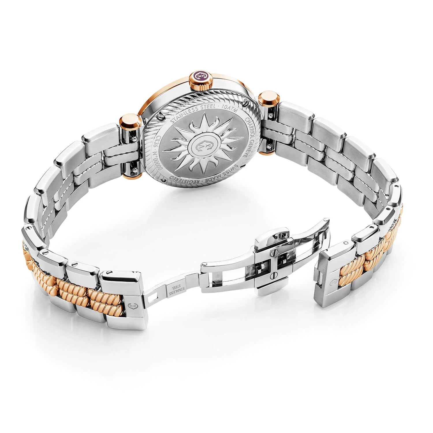 NAVIGATOR CRUISE、36mm、クォーツ キャリバー、ホワイトマザー・オブ・パール、ローズゴールドPVDインデックスダイアル、ローズゴールドPVDスティール製CHARRIOL CHARRIOL"、2本のスクリューベゼル、バイカラー ブレスレット - © 2024Charriol - 時計