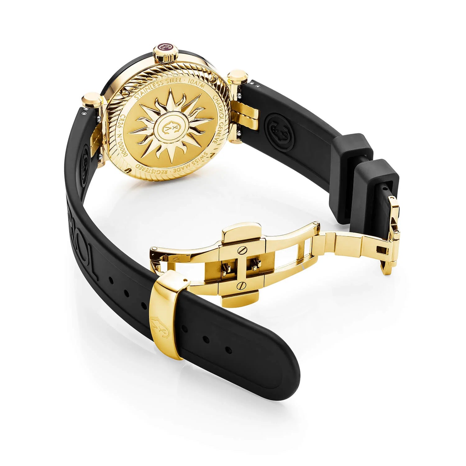 NAVIGATOR CRUISE、36mm、クォーツ、ブラック＆イエローアラビア＆10インデックスダイアル、ブラックPVDスティール＆イエローゴールドPVDピン2本、ブラックラバー＆イエローゴールドPVDピン2本付きインターチェンジャブルブレスレット - © 2024Charriol - 時計