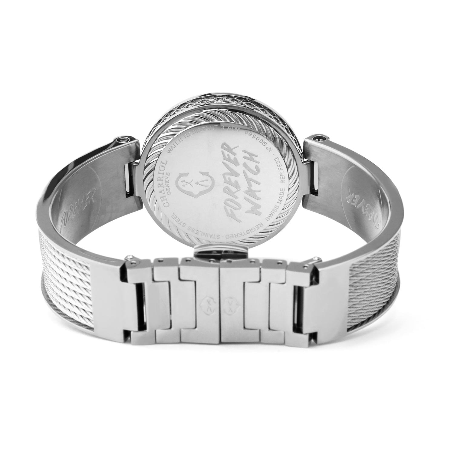 FOREVER32mm、クォーツキャリバー、ホワイトマザー・オブ・パール、12シミリスダイヤル、スティール製ベゼル、スティール製ケーブルブレスレット - © 2024Charriol - 時計