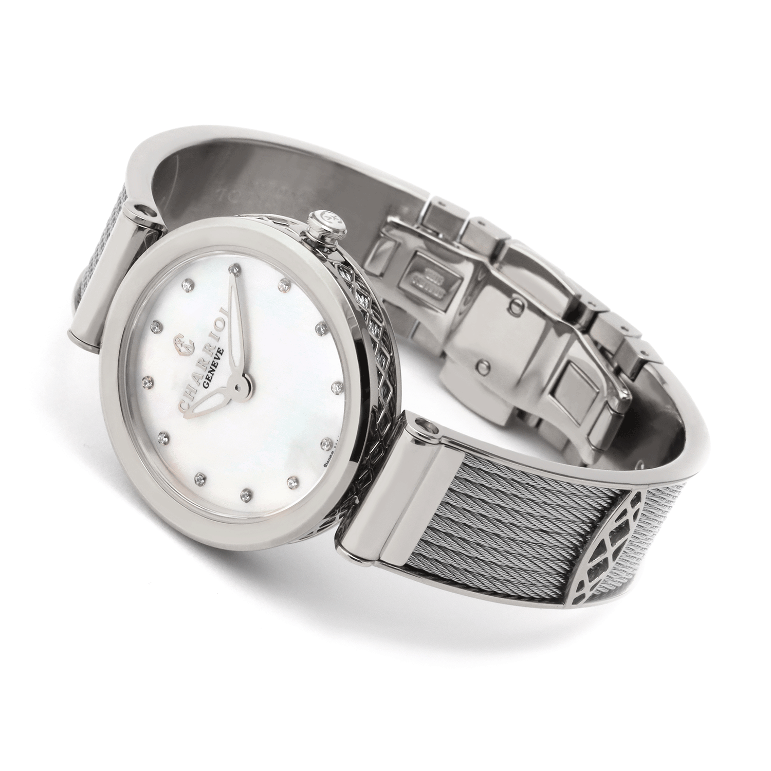 FOREVER32mm、クォーツキャリバー、ホワイトマザー・オブ・パール、12シミリスダイヤル、スティール製ベゼル、スティール製ケーブルブレスレット - © 2024Charriol - 時計