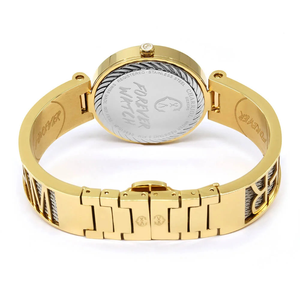 FOREVER YOURS, 32MM, クォーツキャリバー、マザーオブパール、12個のダイヤモンドをあしらった文字盤、イエローゴールドPVDベゼル、スティール製ケーブルブレスレット -Charriol ジュネーブ - 時計