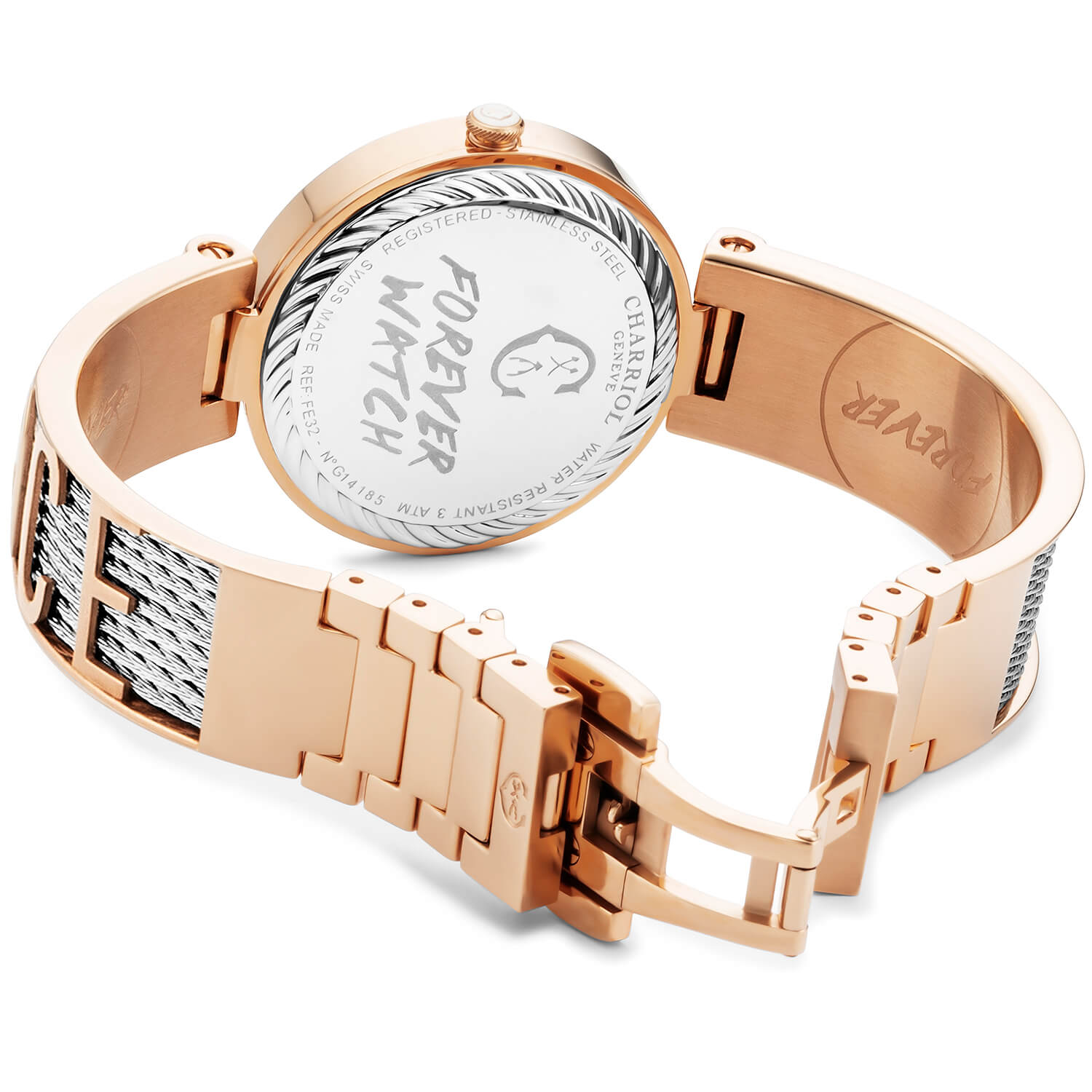 FOREVER YOURS, 32MM, クォーツキャリバー、マザーオブパール、12個のダイヤモンドのダイヤル、ローズゴールドPVDベゼル、スティール製ケーブルブレスレット -Charriol ジュネーブ - 時計