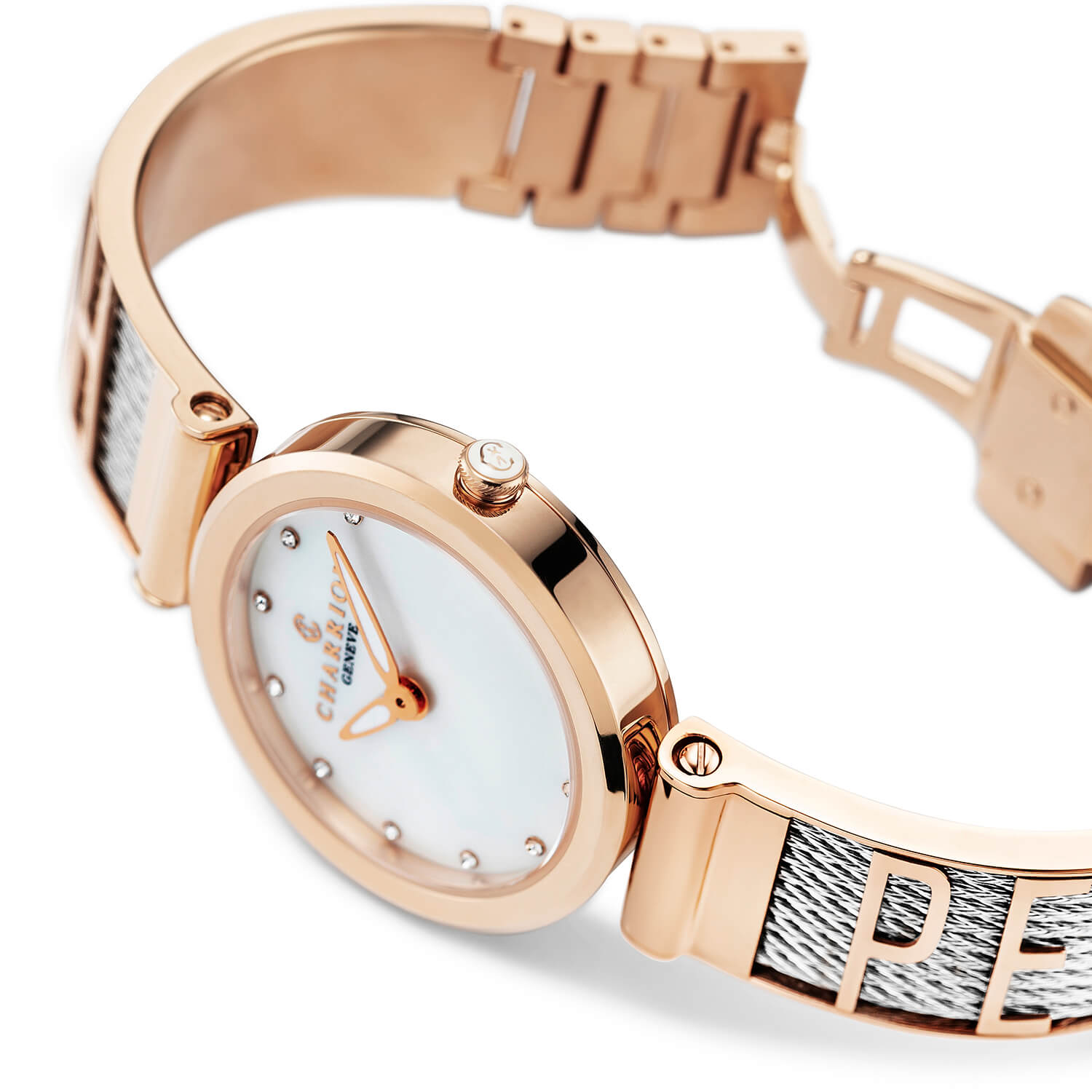 FOREVER YOURS, 32MM, クォーツキャリバー、マザーオブパール、12個のダイヤモンドのダイヤル、ローズゴールドPVDベゼル、スティール製ケーブルブレスレット -Charriol ジュネーブ - 時計