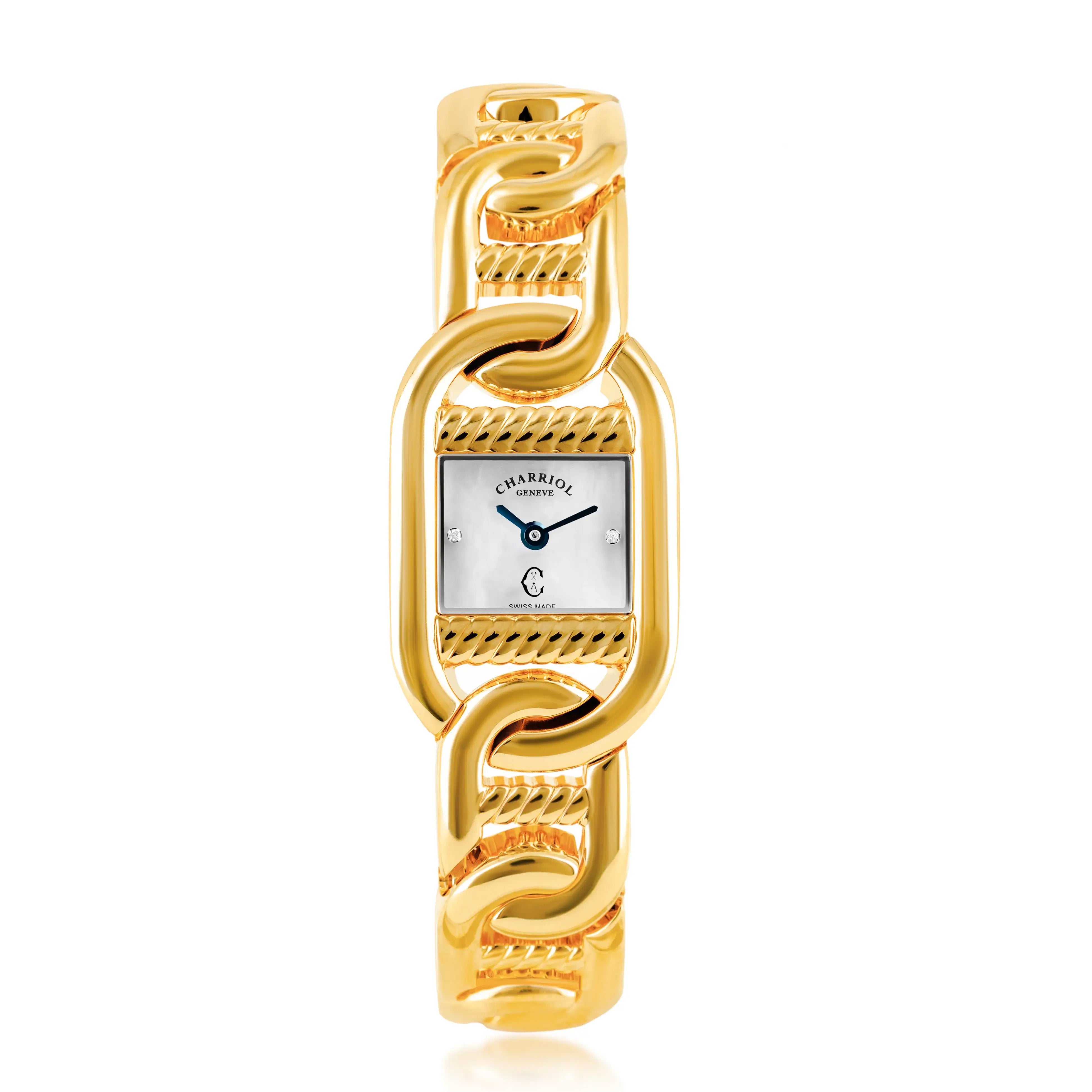 MARINER, 20MM, QUARTZ CALIBRE, YELLOW GOLD PLATED CASE, WHITE MOTHER-OF-PEARL WITH 2 DIAMONDS DIAL, YELLOW GOLD PLATED LINKS BRACELET