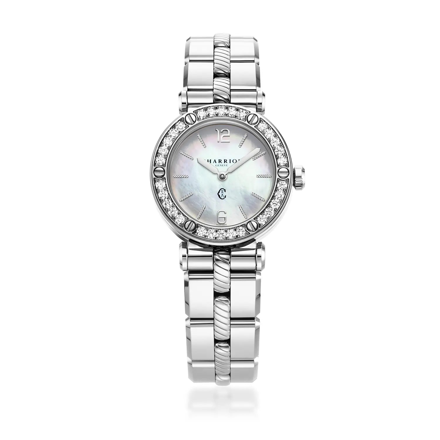 NAVIGATOR CRUISE28mm、クォーツキャリバー、マザーオブパール製ダイアル、30個のダイヤモンドベゼル、スティール製インターチェンジャー付きブレスレット -Charriol ジュネーブ - 時計