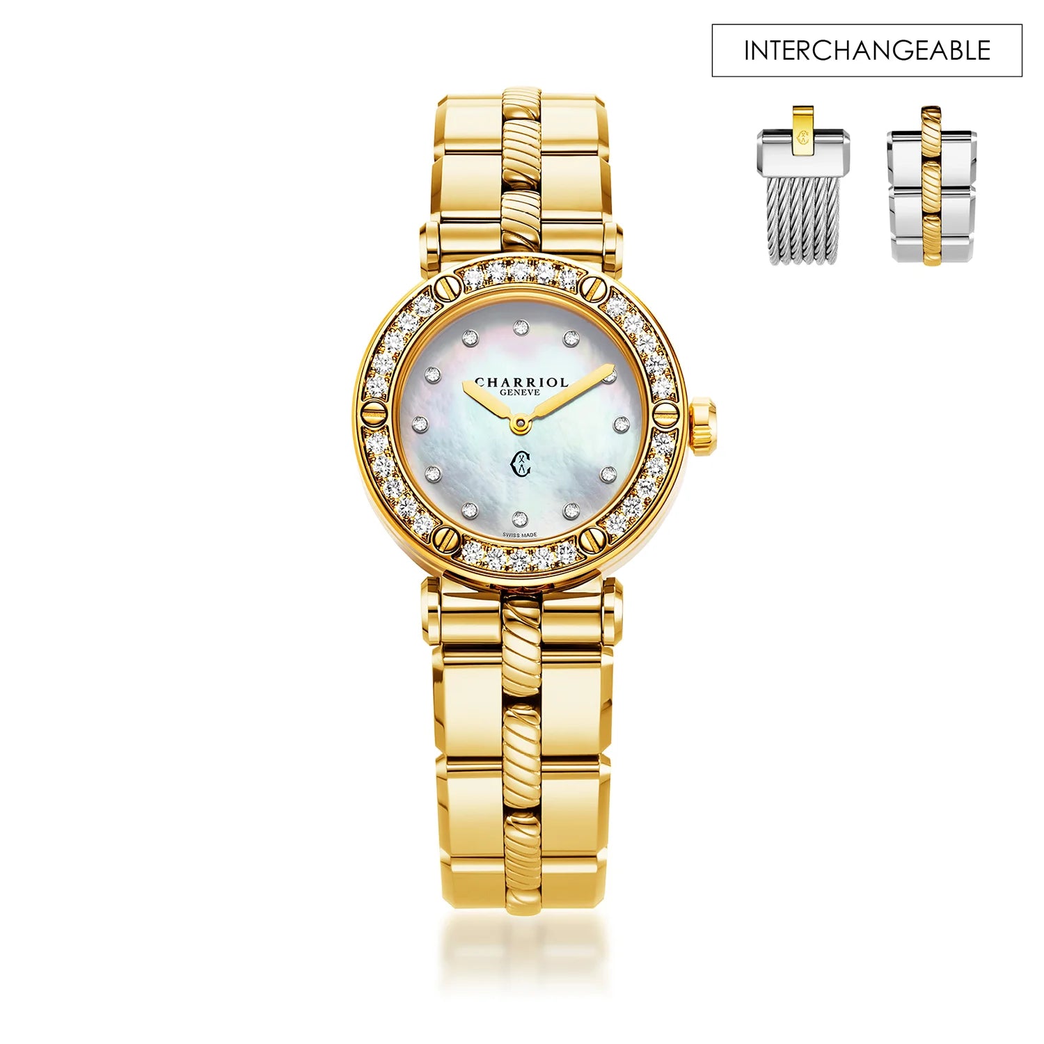 NAVIGATOR CRUISE, 28MM, QUARTZ CALIBRE, MOTHER-OF-PEARL WITH 10 DIAMONDS DIAL, 30 DIAMONDS BEZEL, STEEL YELLOW GOLD PVD INTERCHANGEABLE BRACELET - Charriol Geneve -  Watch