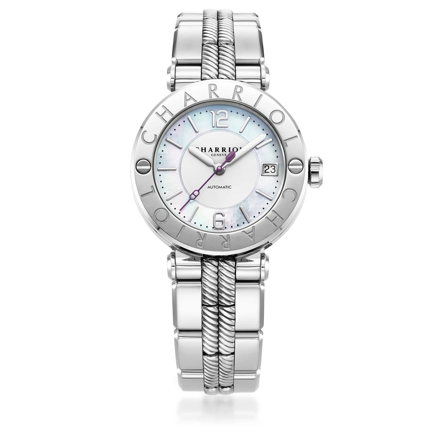 St Tropez Cruise 36mm 自動巻きライトグレー ブレスレット、ライトグレー＆2スクリューベゼル、ホワイトMOPダイヤル -Charriol ジュネーブ - 時計