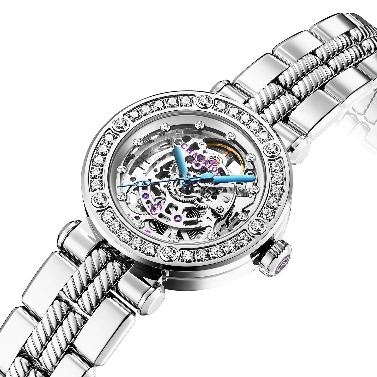 NAVIGATOR CRUISE、36MM、CHARRIOL SKELETON オートマティック キャリバー、12個のダイヤモンドを配したクリスタル インデックス インナーリング ダイアル、30個のフルカットダイヤモンドと6個のダイヤモンドを配したスティール製、メタル製インターチェンジャブル ブレスレット - © 2024Charriol - 時計