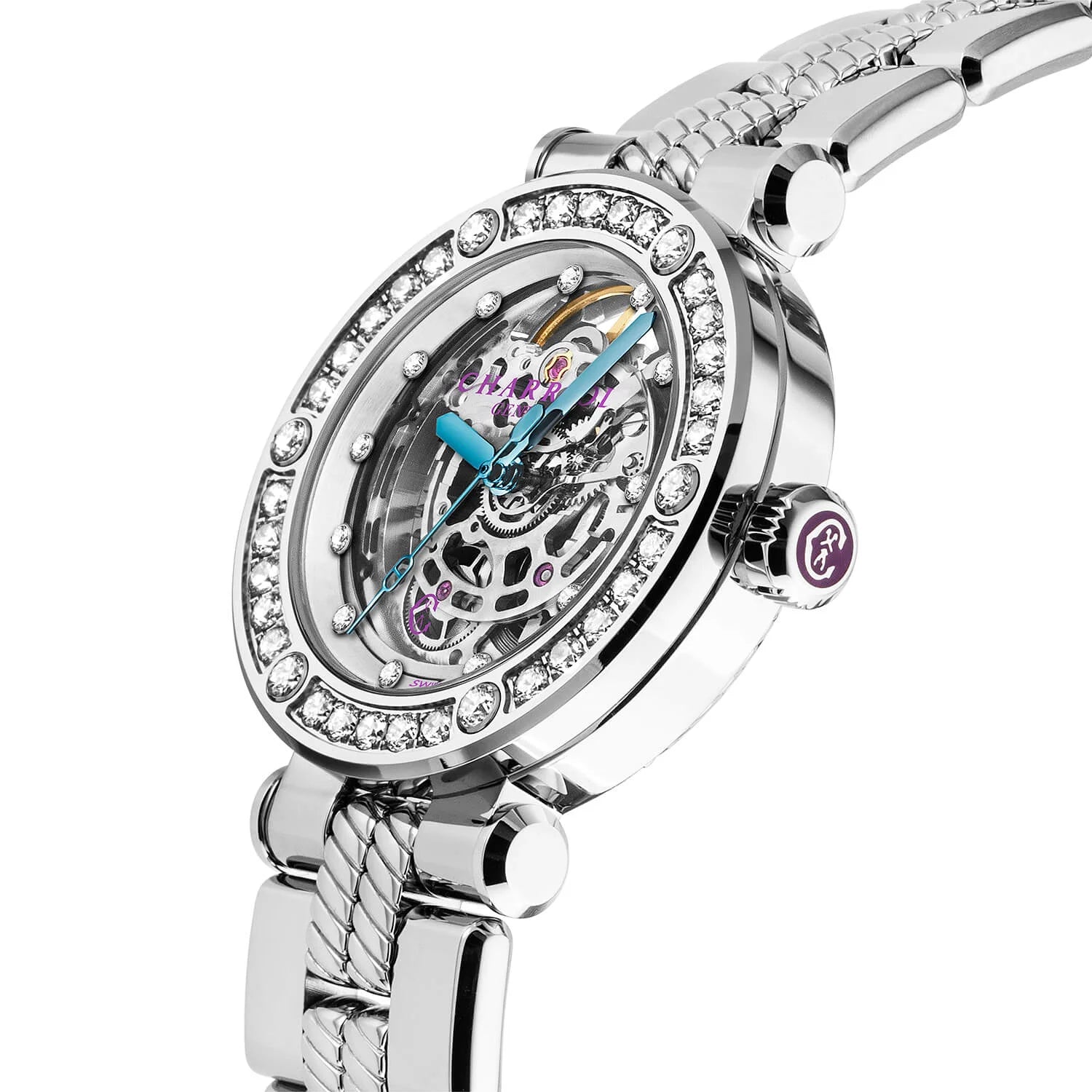 NAVIGATOR CRUISE、36MM、CHARRIOL SKELETON オートマティック キャリバー、12個のダイヤモンドを配したクリスタル インデックス インナーリング ダイアル、30個のフルカットダイヤモンドと6個のダイヤモンドを配したスティール製、メタル製インターチェンジャブル ブレスレット - © 2024Charriol - 時計