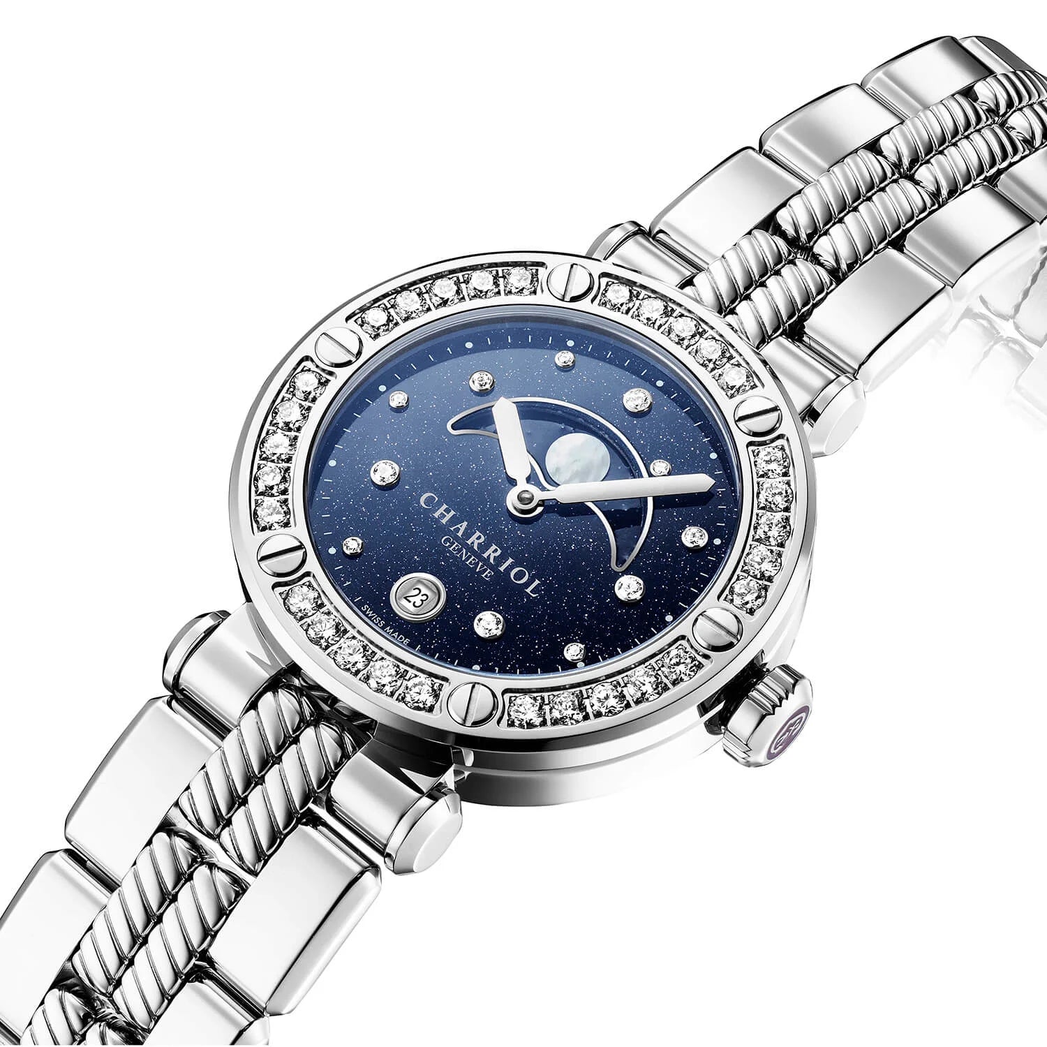NAVIGATOR CRUISE、36MM、ムーンフェイズ・クォーツ、11個のダイヤモンドをあしらったアベンチュリン柄ダイアル、30個のダイヤモンドと6本のスクリューをあしらったスティール製ベゼル、メタル製インターチェンジャー付きブレスレット - © 2024Charriol - 時計