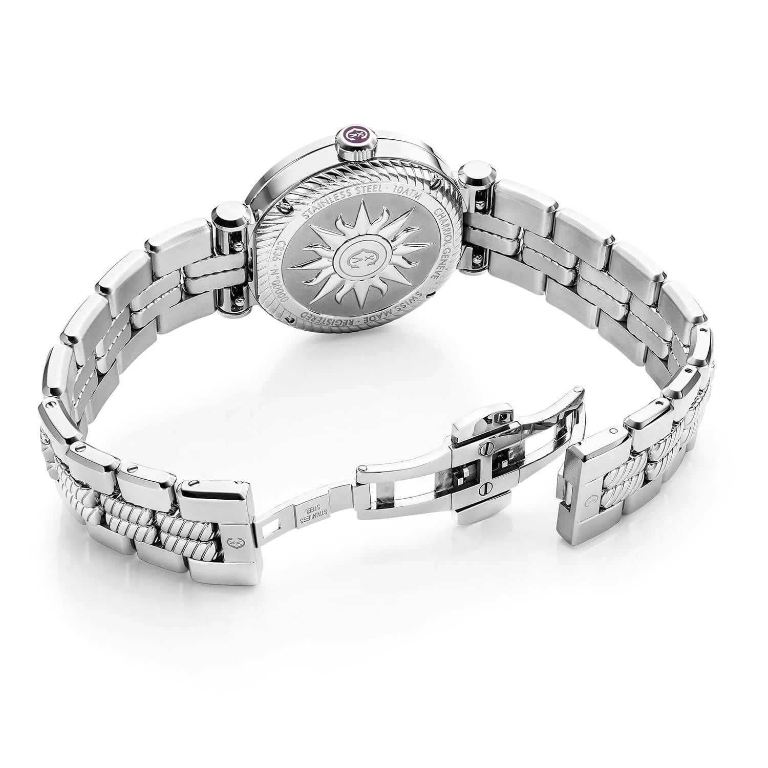 NAVIGATOR CRUISE、36MM、ムーンフェイズ・クォーツ、11個のダイヤモンドをあしらったアベンチュリン柄ダイアル、30個のダイヤモンドと6本のスクリューをあしらったスティール製ベゼル、メタル製インターチェンジャー付きブレスレット - © 2024Charriol - 時計