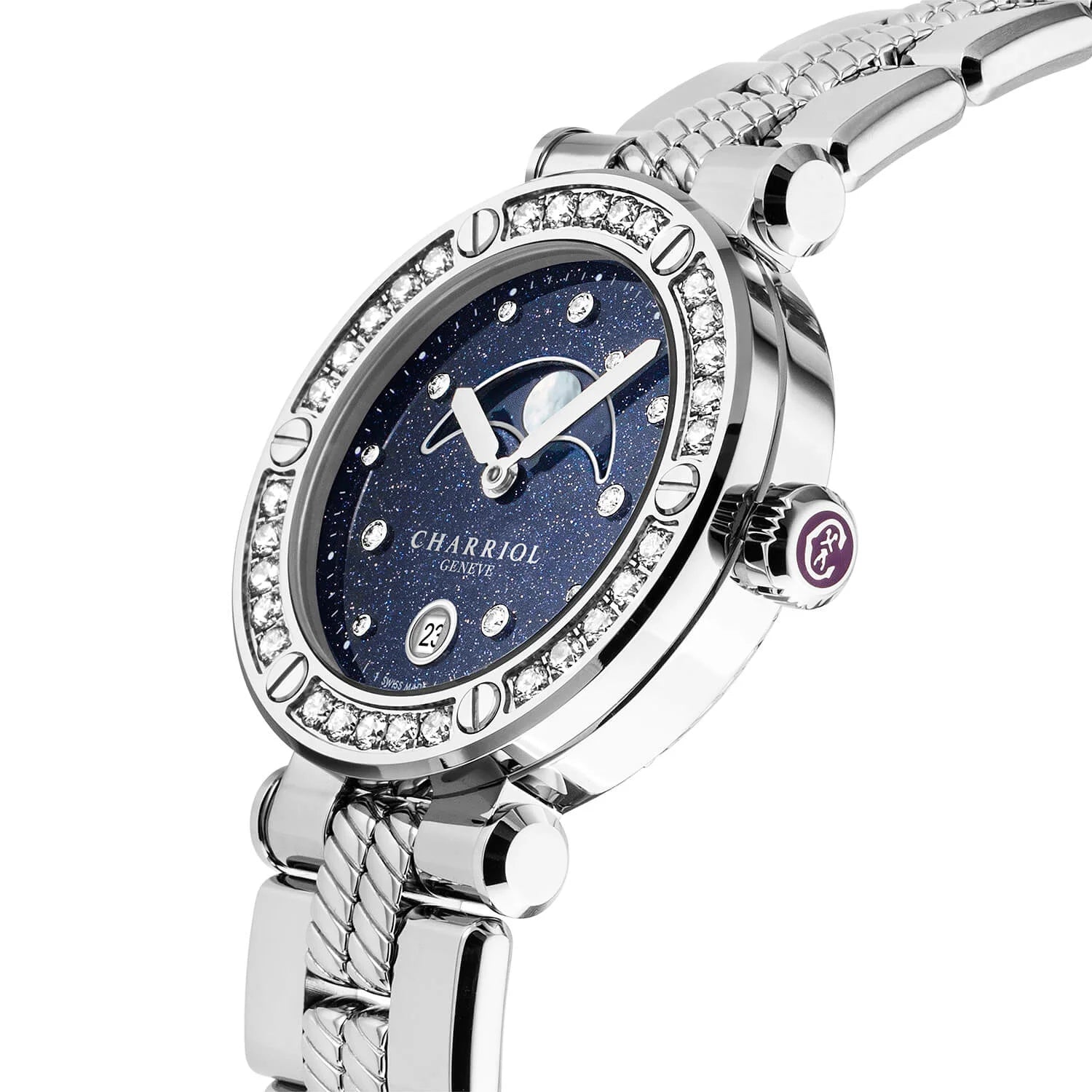 NAVIGATOR CRUISE、36MM、ムーンフェイズ・クォーツ、11個のダイヤモンドをあしらったアベンチュリン柄ダイアル、30個のダイヤモンドと6本のスクリューをあしらったスティール製ベゼル、メタル製インターチェンジャー付きブレスレット - © 2024Charriol - 時計