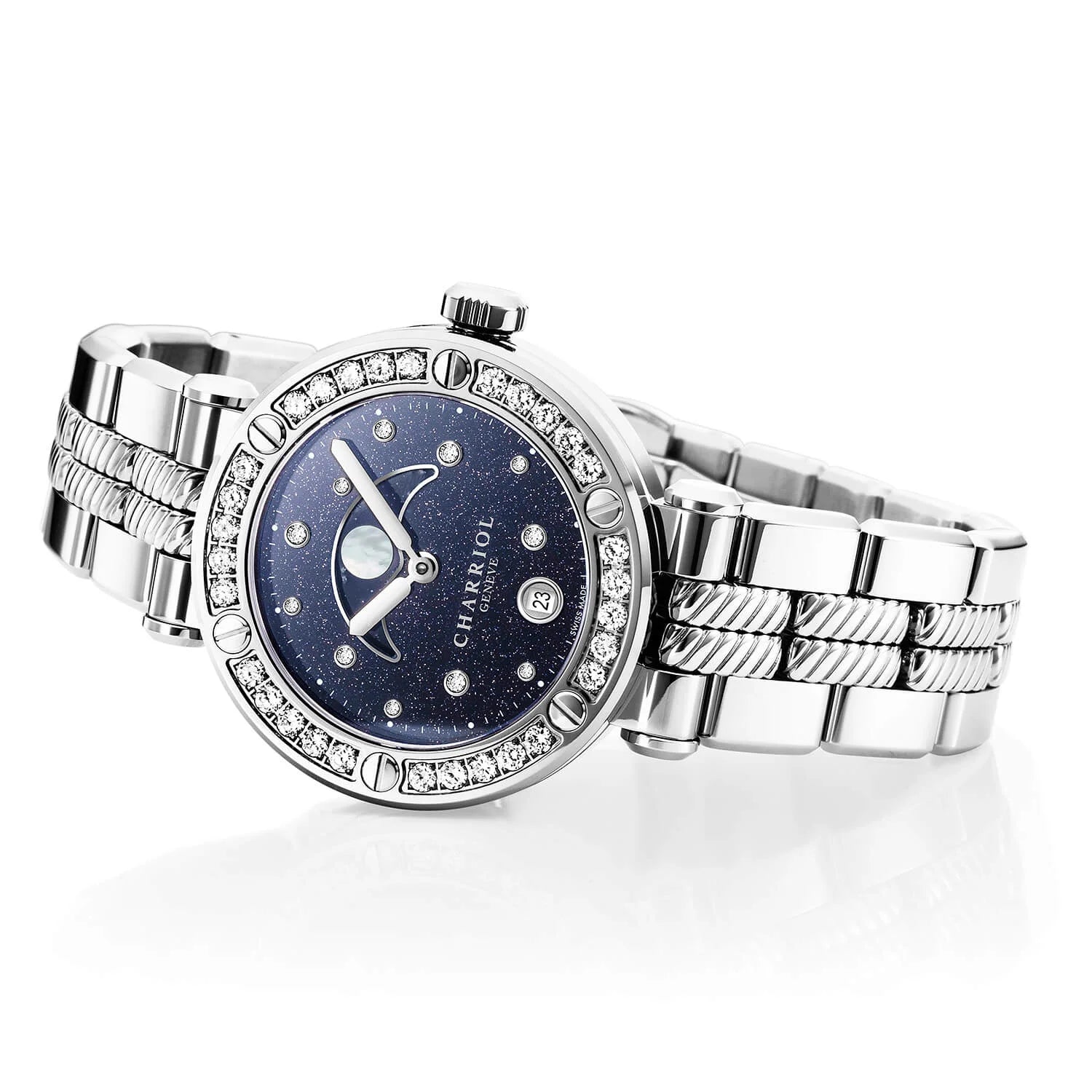 NAVIGATOR CRUISE、36MM、ムーンフェイズ・クォーツ、11個のダイヤモンドをあしらったアベンチュリン柄ダイアル、30個のダイヤモンドと6本のスクリューをあしらったスティール製ベゼル、メタル製インターチェンジャー付きブレスレット - © 2024Charriol - 時計