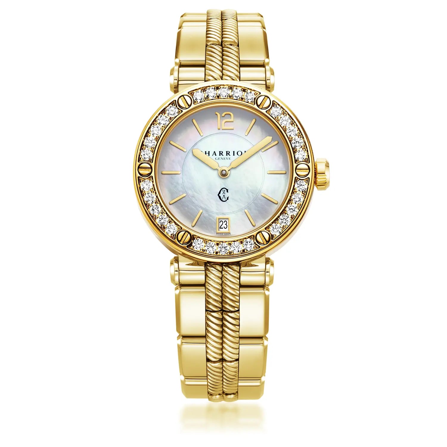 NAVIGATOR CRUISE36MM、クォーツキャリバー、マザーオブパール製ダイアル、30個のダイヤモンドベゼル、イエローゴールド製スティールPVDインターチェンジャーブレスレット -Charriol ジュネーブ - 時計