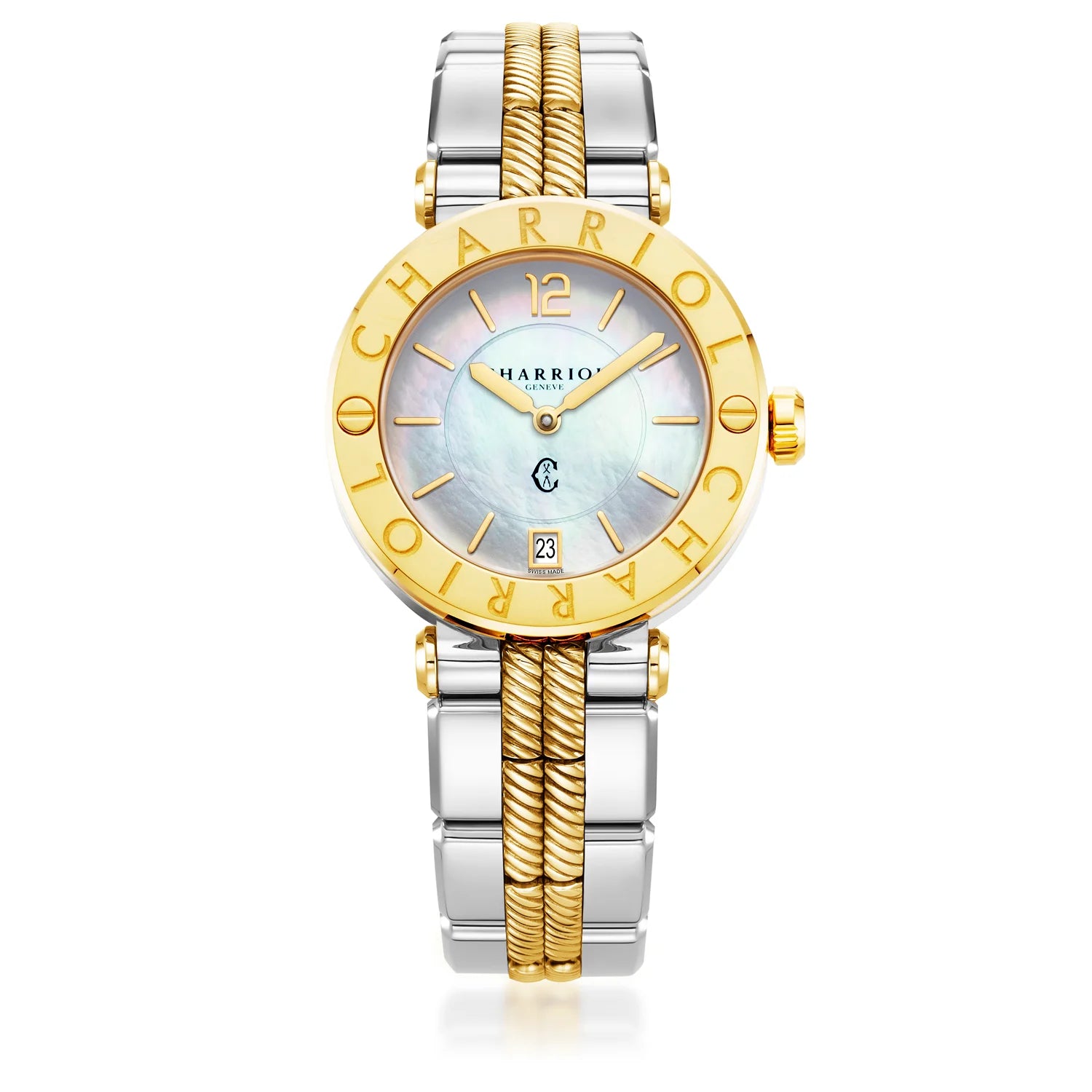 St Tropez Cruise 36mm 腕時計 ライトグレー & イエローゴールド ブレスレット、イエローゴールド & 2ビスベゼル & ホワイトMOPダイヤル -Charriol ジュネーブ - ウォッチ