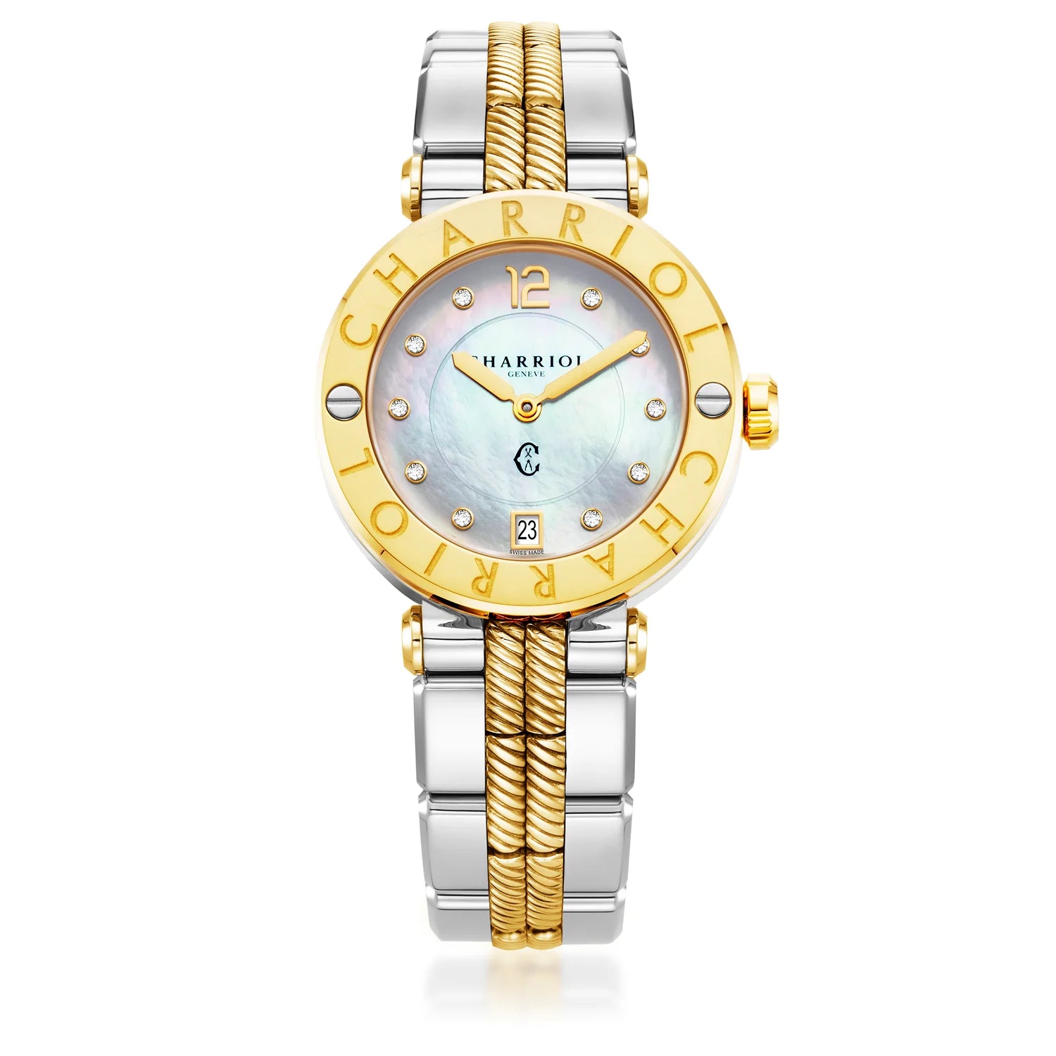 NAVIGATOR CRUISE36mm、クォーツ キャリバー、マザーオブパール 10 ダイヤモンドルダイヤル、"CHARRIOL CHARRIOL " ベゼル、バイカラー チェンジャブル ブレスレット -Charriol ジュネーブ - 時計