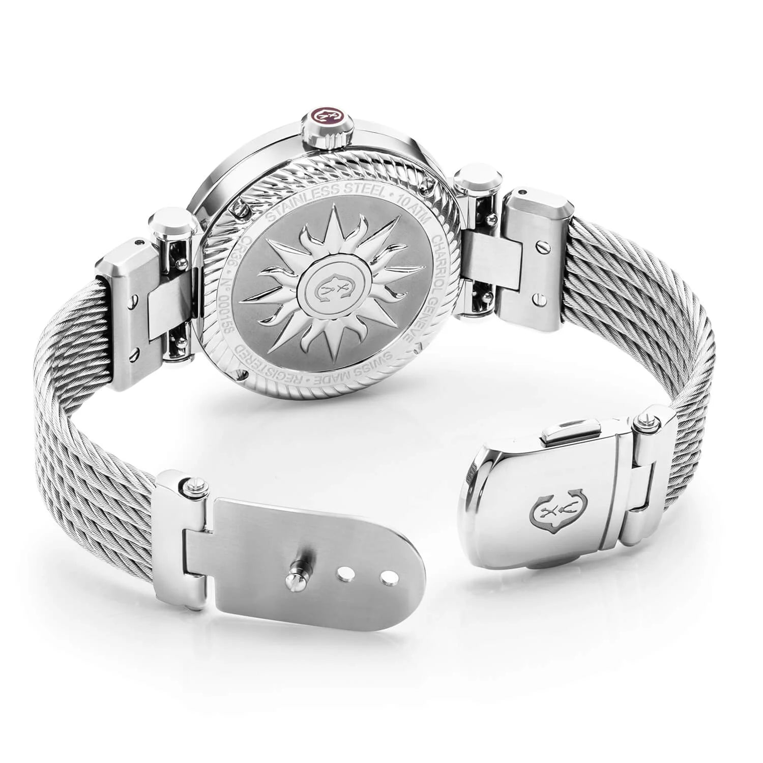 NAVIGATOR CRUISE、36mm、クォーツキャリバー、ホワイトサークル＆サンセンター、12ローマ数字ダイアル、スティール製CHARRIOL CHARRIOL」ベゼル、スティール製インターチェンジャブル・ケーブル・ブレスレット - © 2024Charriol - 時計