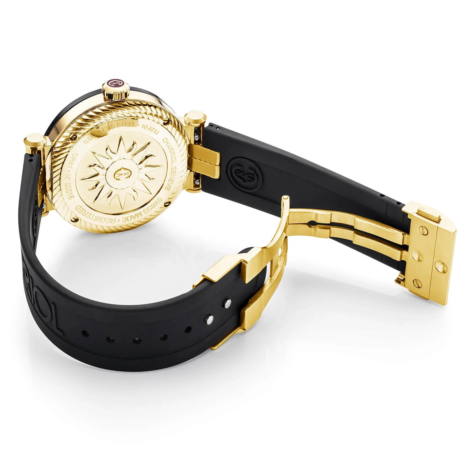 NAVIGATOR CRUISE41mm、クォーツ、ブラック＆イエロー2アラビア＆9インデックスダイアル、ブラックPVDスティール製"CHARRIOL CHARRIOL "、2本のスクリューベゼル、ブラックのラバー製インターチェンジャー付きブレスレット - © 2024Charriol - 時計