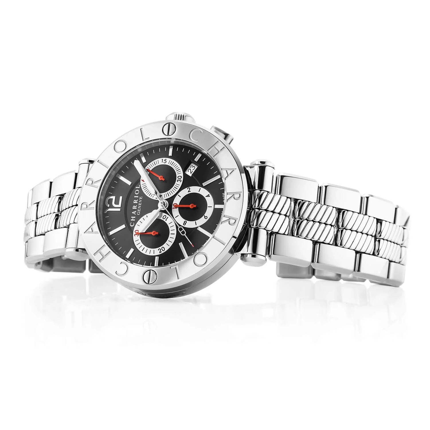NAVIGATOR CRUISE41mm、クォーツ自社製クロノグラフレーム、ブラック、3つのロジウムミラーとインデックスダイアル、スティール "CHARRIOL CHARRIOL " に2本のスクリューベゼル、メタル製インターチェンジャーブレスレット - © 2024Charriol - 時計