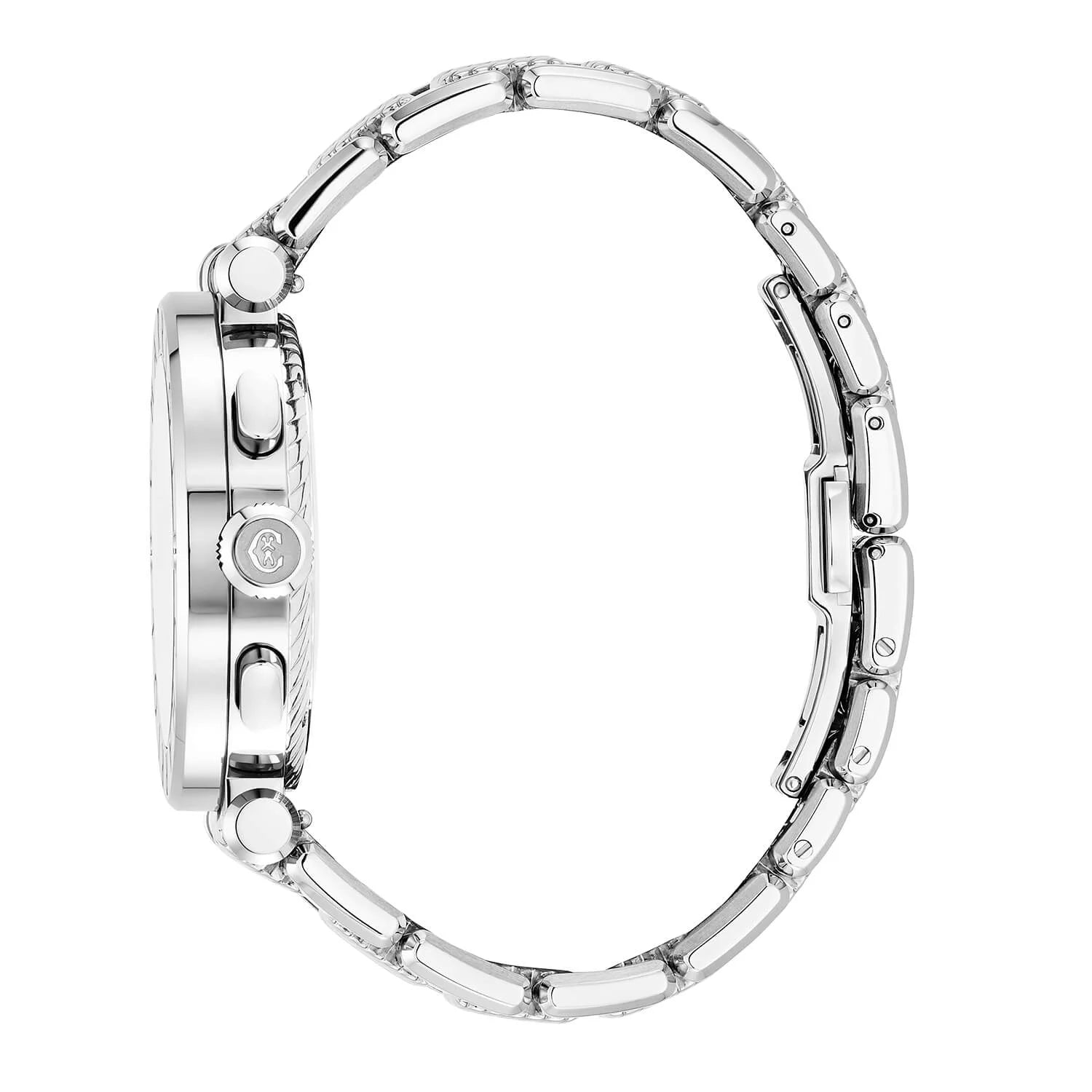 NAVIGATOR CRUISE41mm、クォーツ自社製クロノグラフレーム、ブラック、3つのロジウムミラーとインデックスダイアル、スティール "CHARRIOL CHARRIOL " に2本のスクリューベゼル、メタル製インターチェンジャーブレスレット - © 2024Charriol - 時計