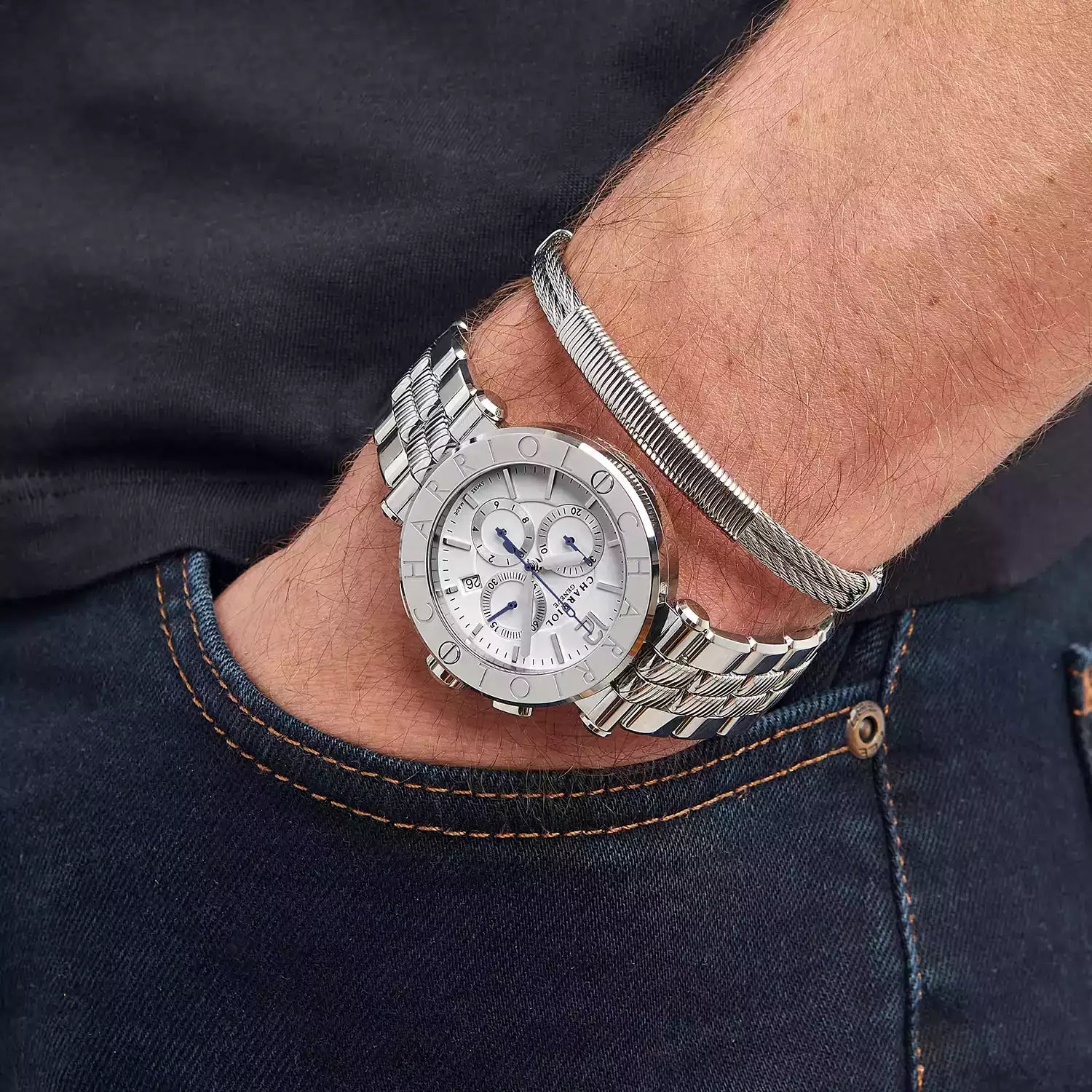 NAVIGATOR CRUISE、41MM、クォーツクロノグラフ、ホワイトダイアル、CHARRIOL CHARRIOL」ベゼル、スティール製ブレスレット -Charriol Geneve - ウォッチ