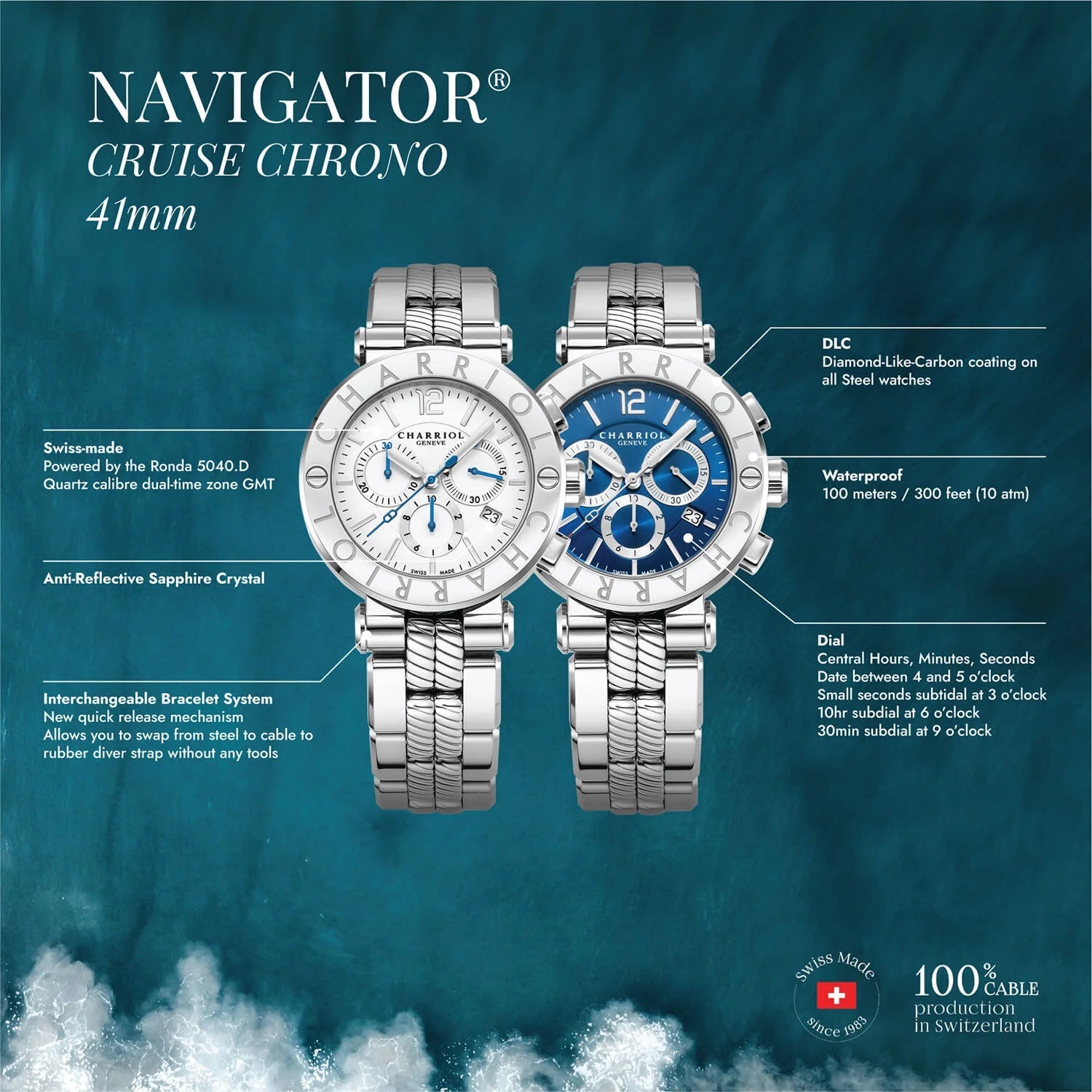 NAVIGATOR CRUISE、41MM、クォーツクロノグラフ、ホワイトダイアル、CHARRIOL CHARRIOL」ベゼル、スティール製ブレスレット -Charriol Geneve - ウォッチ