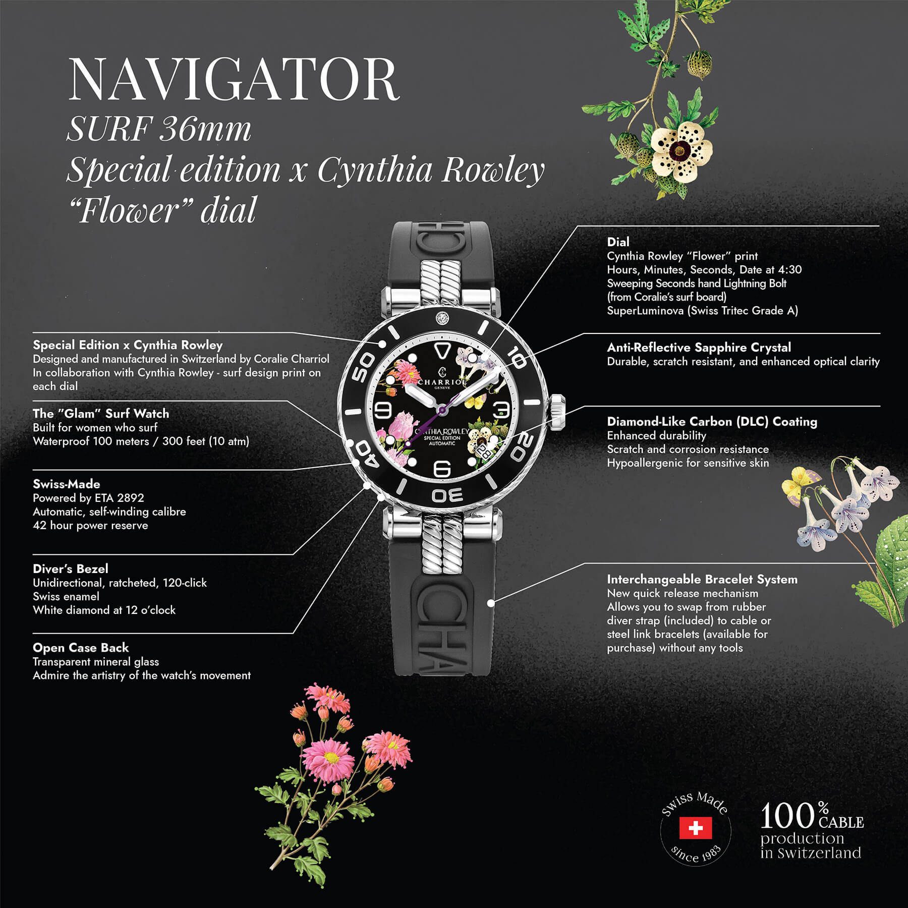 NAVIGATOR サーフ、36mm、オートマティックキャリバー、フラワー・ダイアル、ブラックに1個のダイヤモンドベゼル、ブラックのラバー製ブレスレット、スペシャル・エディション X シンシア・ロウリー - © 2024Charriol - ウォッチ
