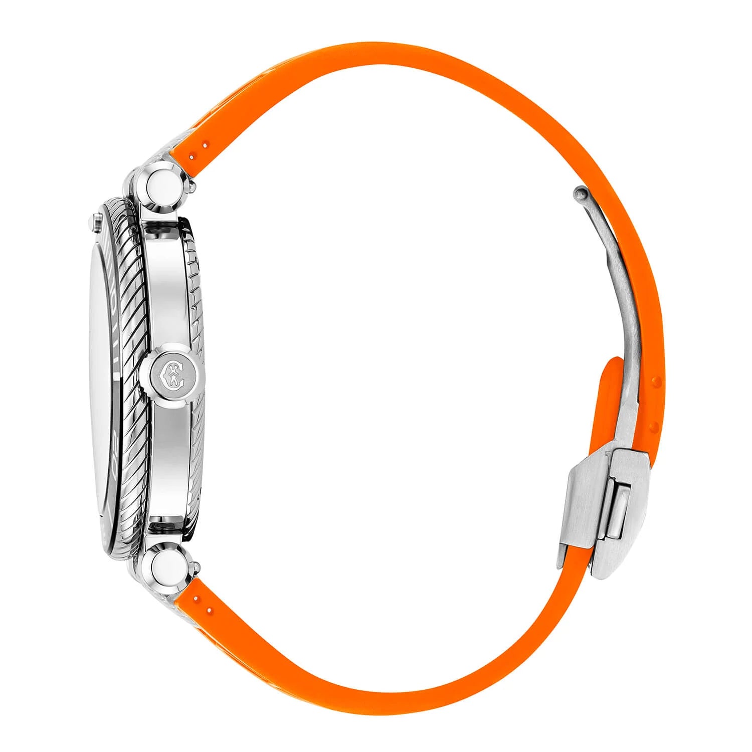 NAVIGATOR サーフ、41MM、オートマティックキャリバー、ブラックのルミノーバ文字盤、ブラック＆シルバーのベゼル、オレンジのラバー製インターチェンジャー付きブレスレット - © 2024Charriol - 時計