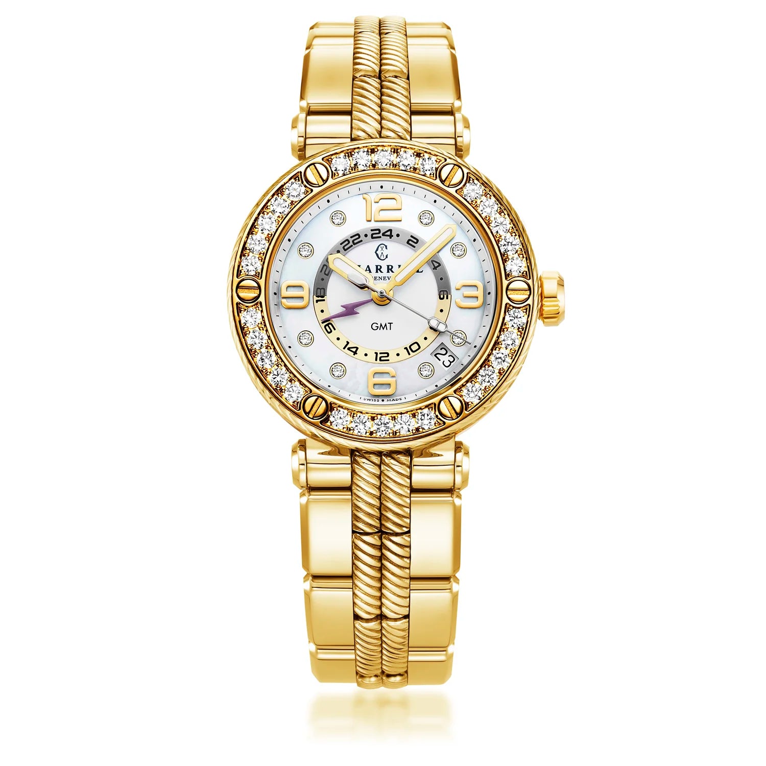 NAVIGATOR サーフ GMT、36MM、クォーツ GMT キャリバー、ホワイトダイアル、30個のダイヤモンドのベゼル、イエローゴールド PVD インターチェンジャー ブレスレット -Charriol ジュネーブ - 時計