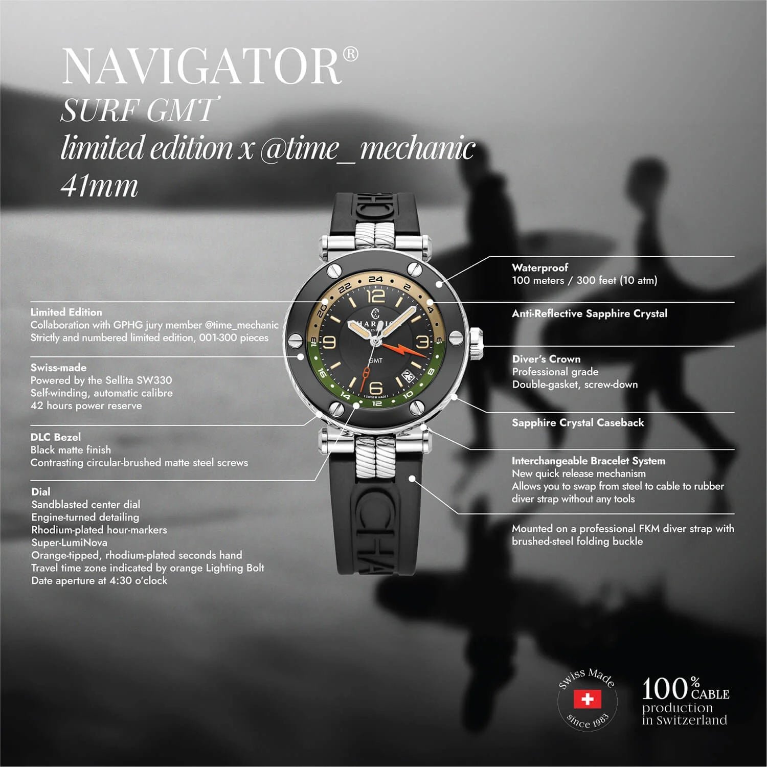 NAVIGATOR サーフ GMT、41MM、自動巻きキャリバー、ブラックの文字盤、6本のスクリューのベゼル、ブラックのラバー製インターチェンジャー付きブレスレット、限定版 x @time_mechanic -Charriol ジュネーブ - 時計