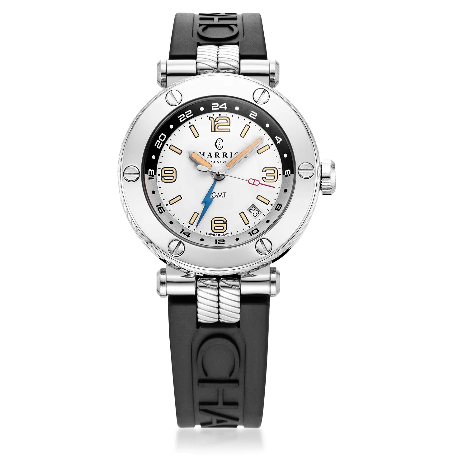 NAVIGATOR サーフ GMT、41MM、オートマティックキャリバー、ホワイトダイアル、6スクリューベゼル、ブラックラバーブレスレット -Charriol ジュネーブ - 時計