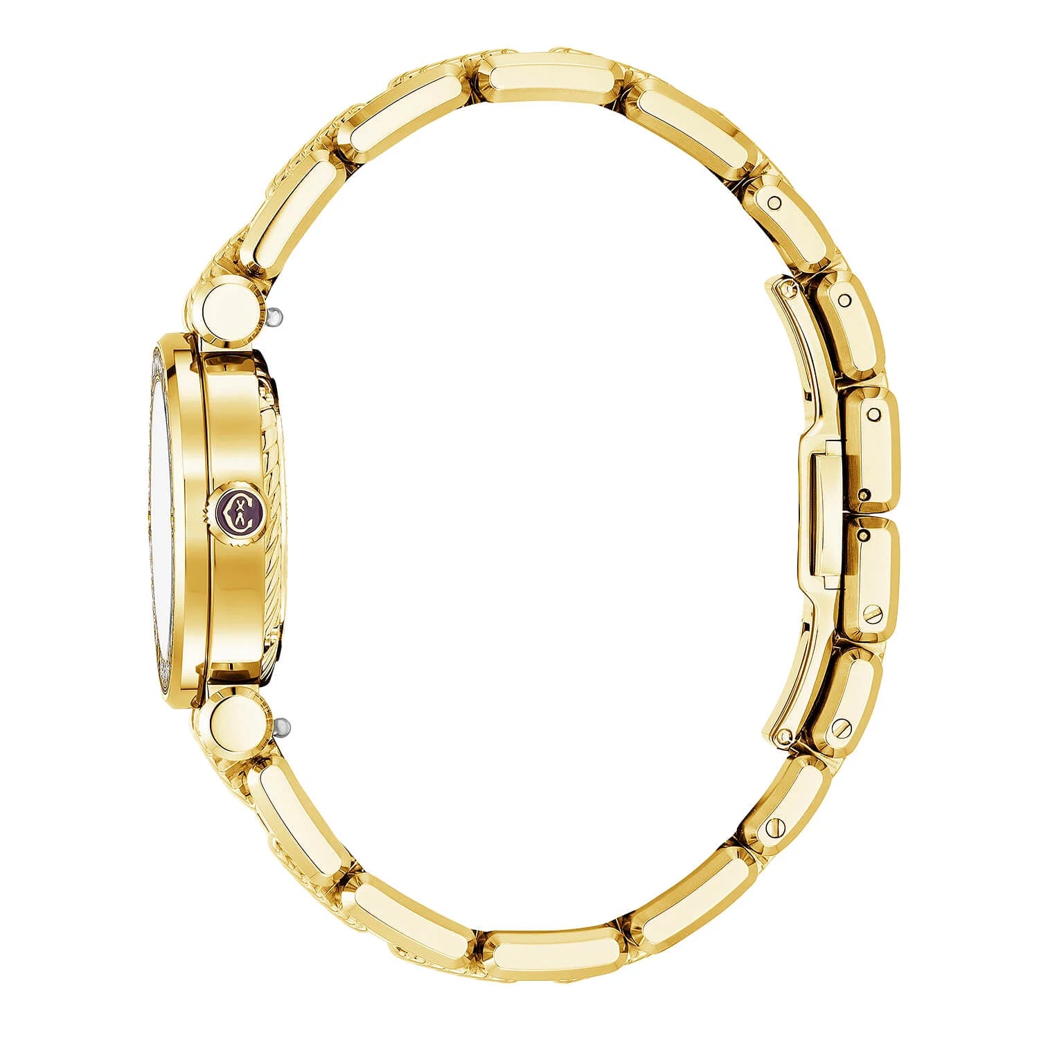 NAVIGATOR CRUISE、28mm、クォーツキャリバー、ホワイトマザー・オブ・パール、12ローマ数字ダイアル、イエローゴールドPVDスティール、30個のダイヤモンドと6本のスクリューのベゼル、イエローゴールドPVDメタルブレスレット - © 2024Charriol - 時計