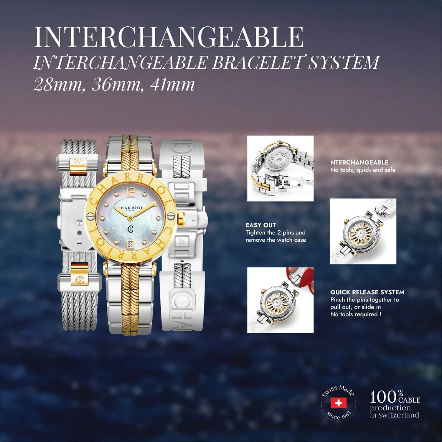 NAVIGATOR CRUISE28mm、クォーツ キャリバー、マザーオブパール 10個のダイヤモンドをあしらったダイアル、30個のフルカット ダイヤモンドと6本のスクリューのベゼル、メタリック イエローゴールド PVD インターチェンジャブル ブレスレット -Charriol ジュネーブ - 時計